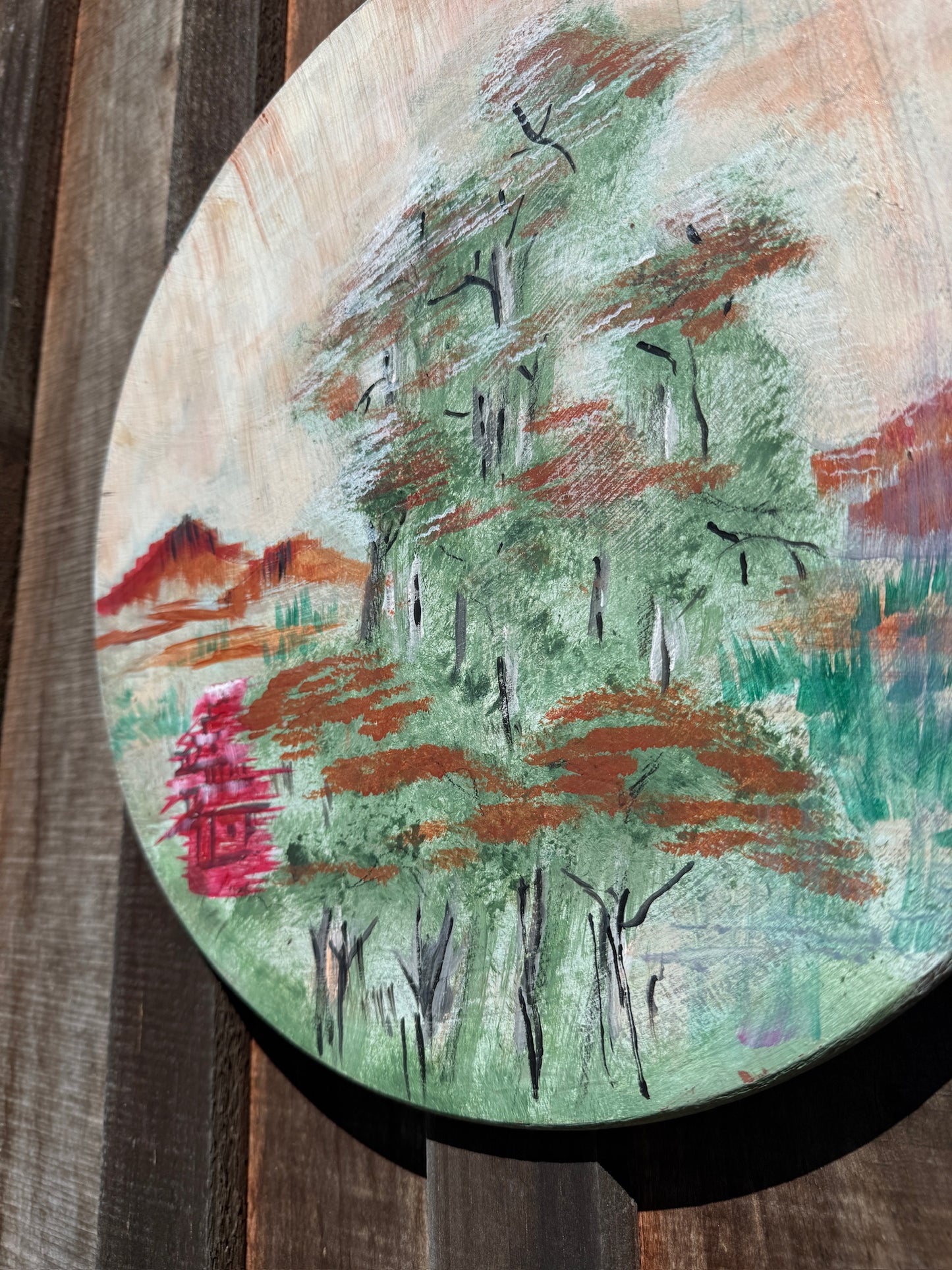 Vintage 1970s Round Asian Landscape Painting on Board