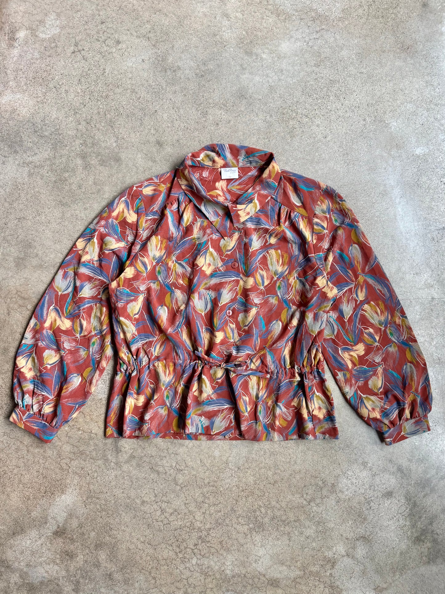 Vintage 1980s Pearl Biso Floral Print Tie-Waist Blouse | Medium