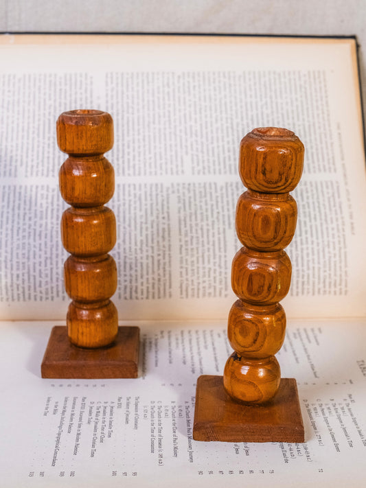Vintage Hand-Turned Wood Totem Candlestick Holders | Set of 2
