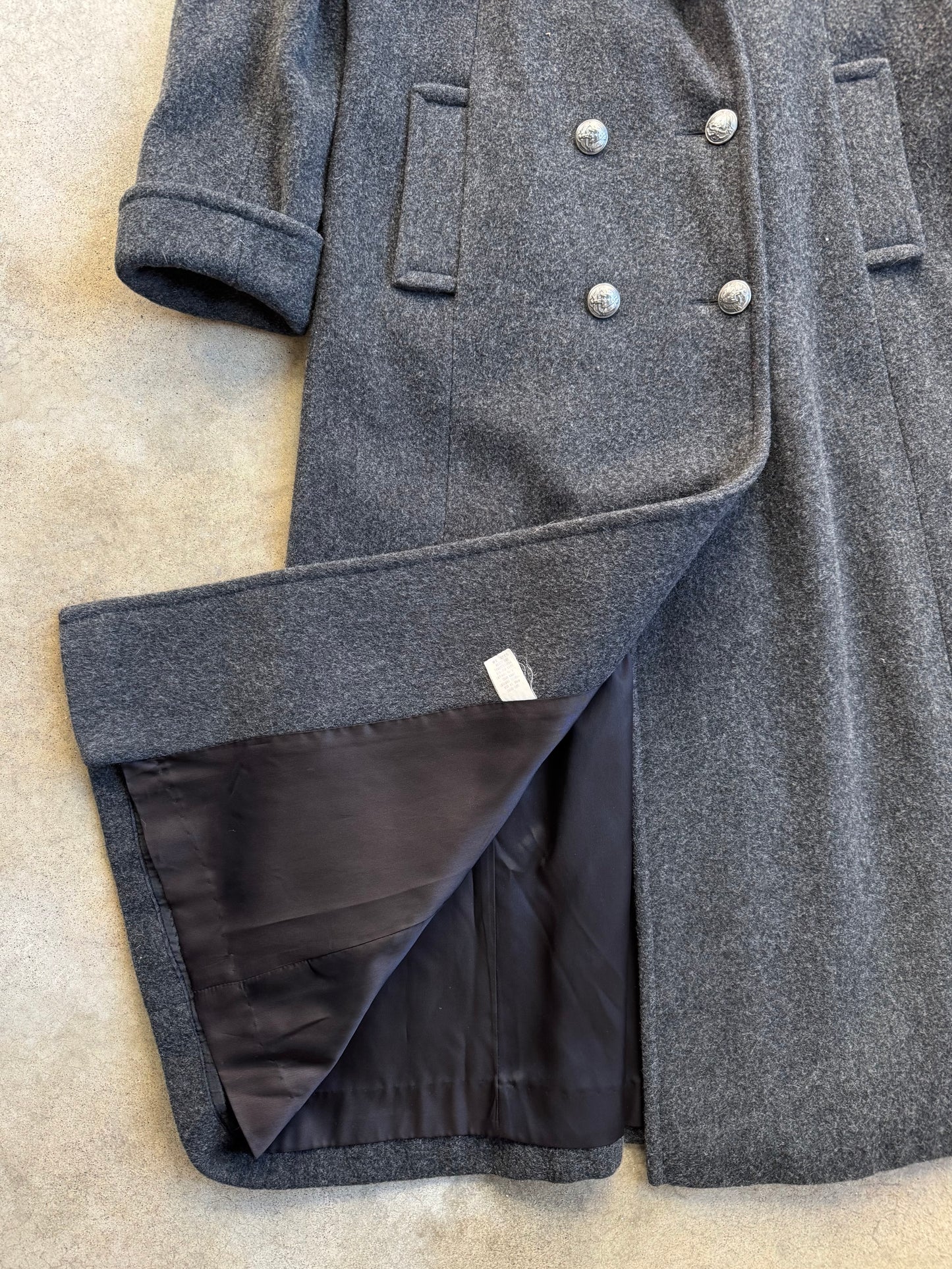 Vintage 1990s J. Peterman Grey Wool Faux Fur Collar Full-Length Coat | Medium