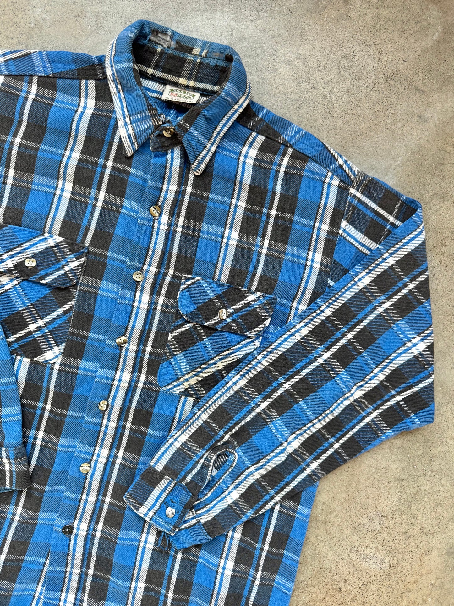 Vintage 1990s Five Brother Distressed Blue Plaid Cotton Flannel Shirt | Large
