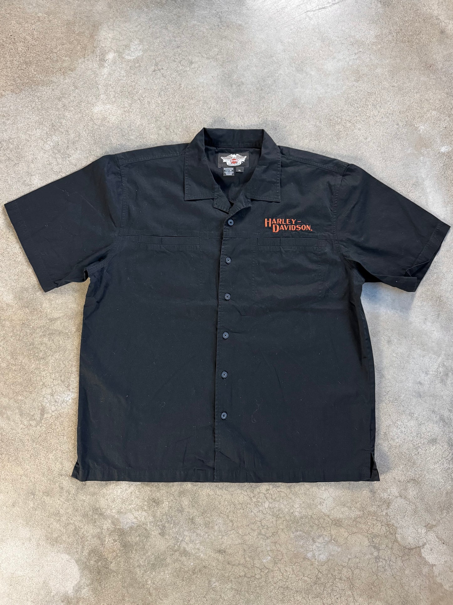 2000s Harley Davidson Black & Orange Embroidered Short Sleeve Shirt | XL