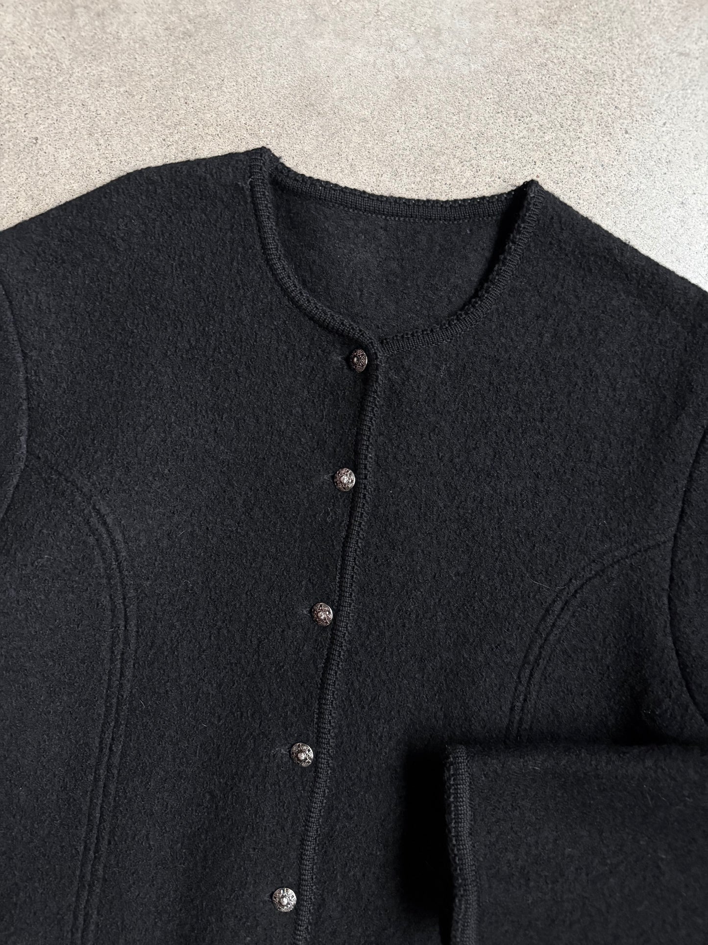 Vintage 1980s Black Wool Buttoned Short Jacket | Large