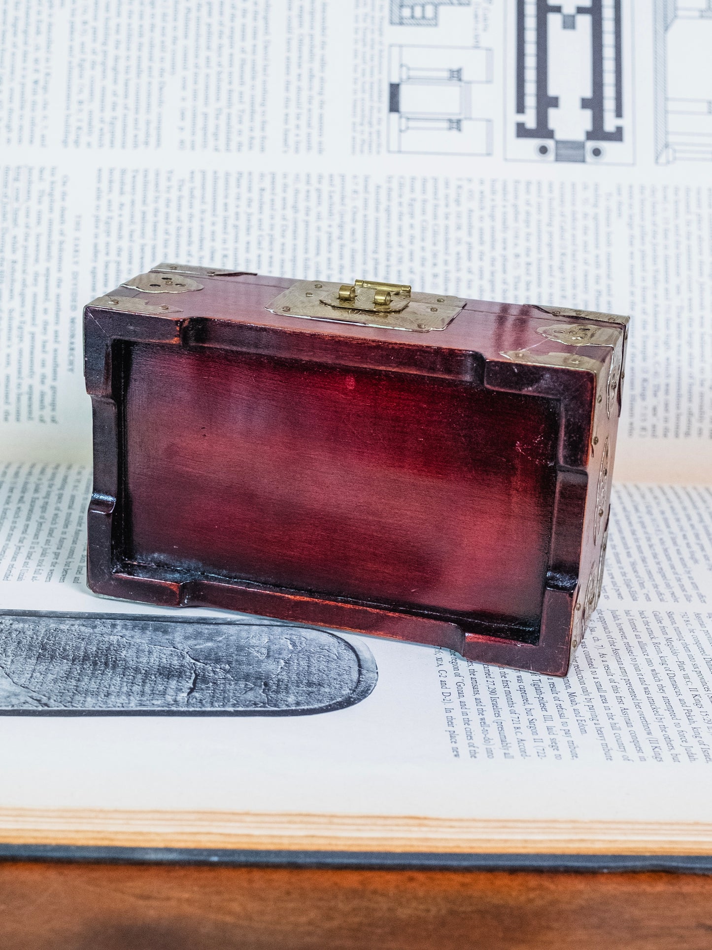 Vintage Wooden Chinese Brass Hinged Jewelry Box