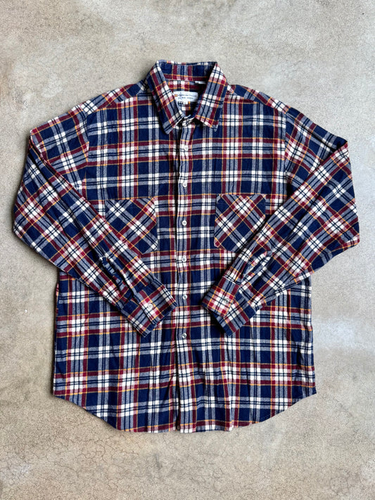Vintage 1970s/80s Bud Berma “The Highlander Flannel” Navy Plaid Cotton Shirt | Large