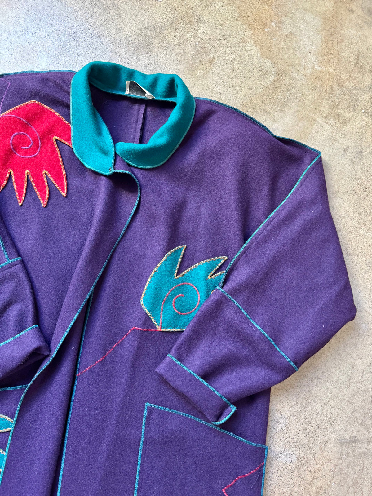 Vintage 1980s Gloria Walsh Purple Felted Wool Whimsical Hand Patch Embroidered Overcoat | L/XL
