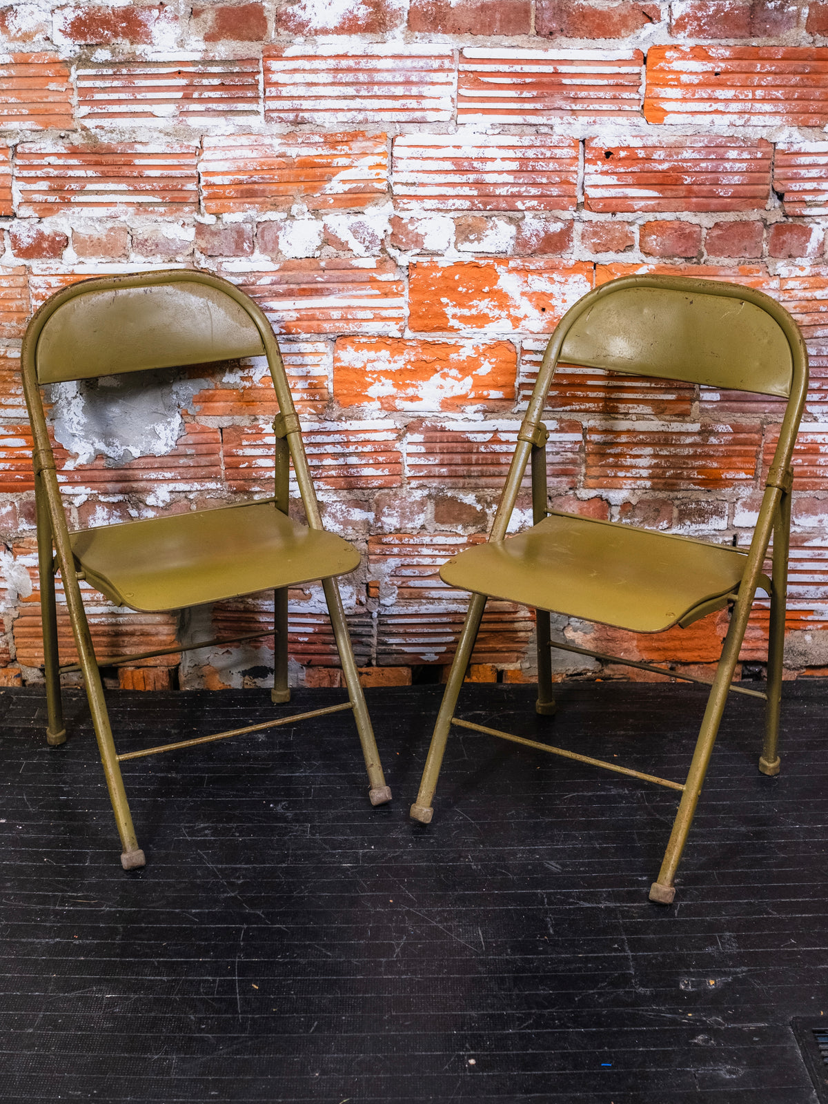 Vintage Green Metal & Wood Seat Folding Chairs | Set of 2