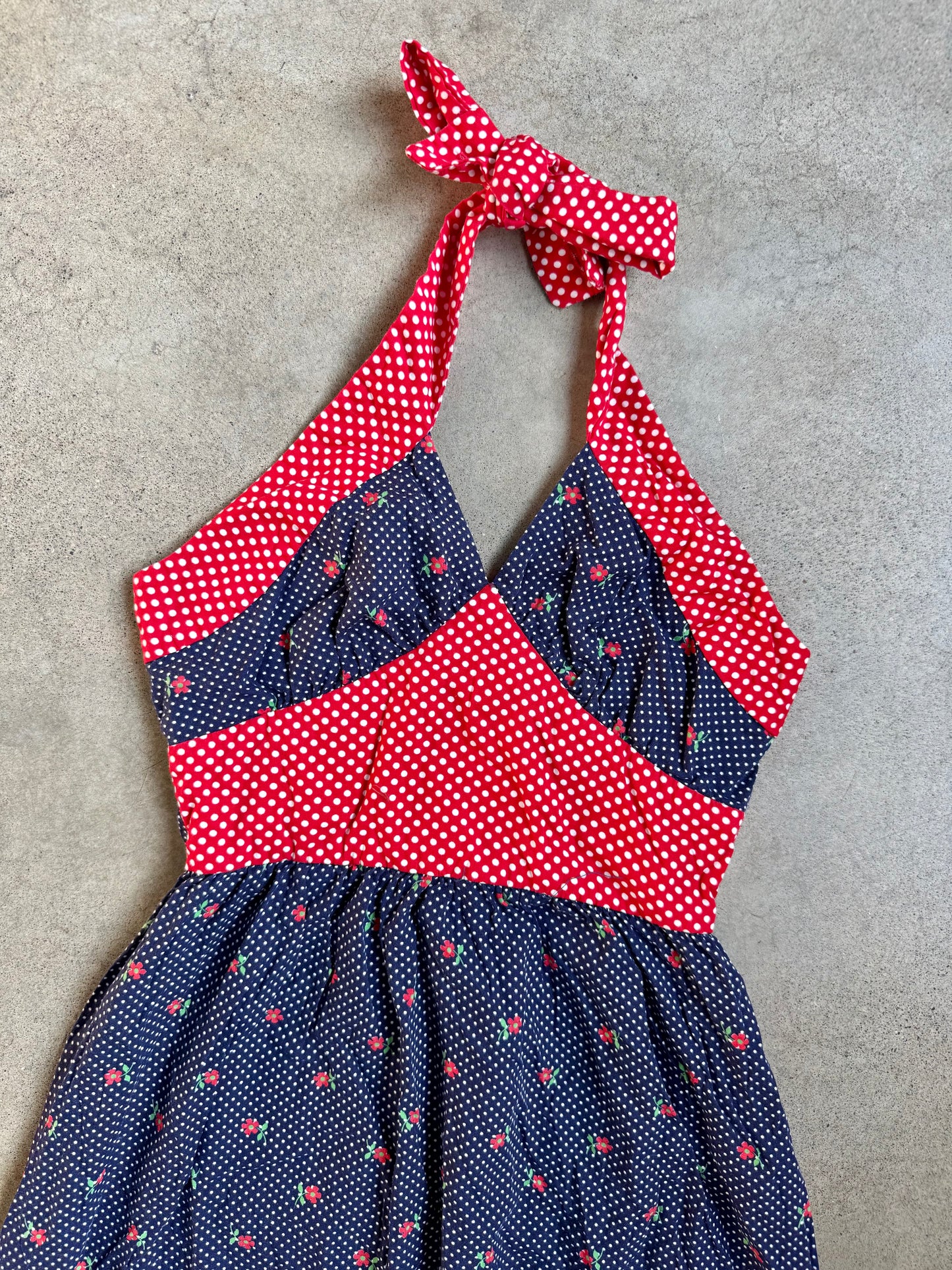 Vintage 1970s Red & Navy Polka Dot Floral Print Halter Maxi Dress | XS/S