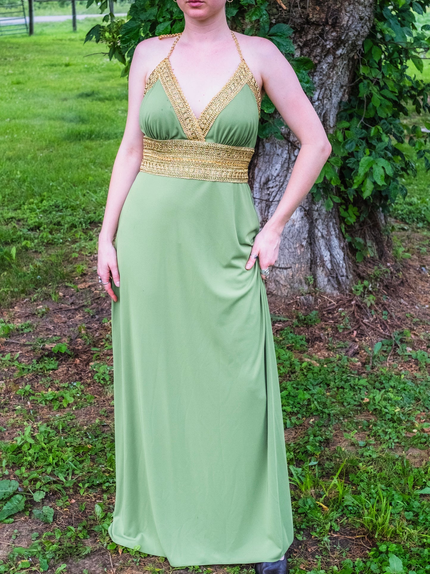 Vintage 1990s Betsy & Adam Green & Gold Trim Formal Full-Length Halter Dress | XL