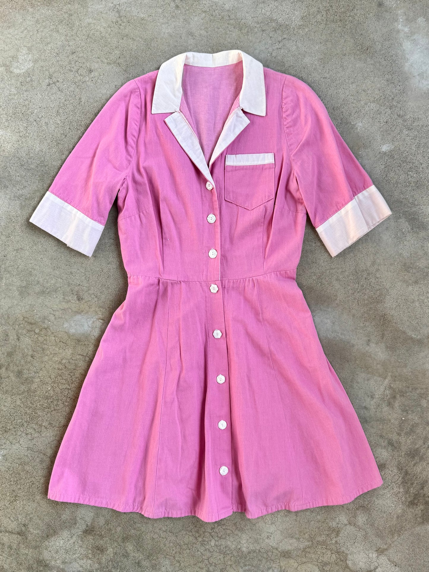 Vintage 1960s Pink & White Short Sleeve Collared Uniform Dress | Medium
