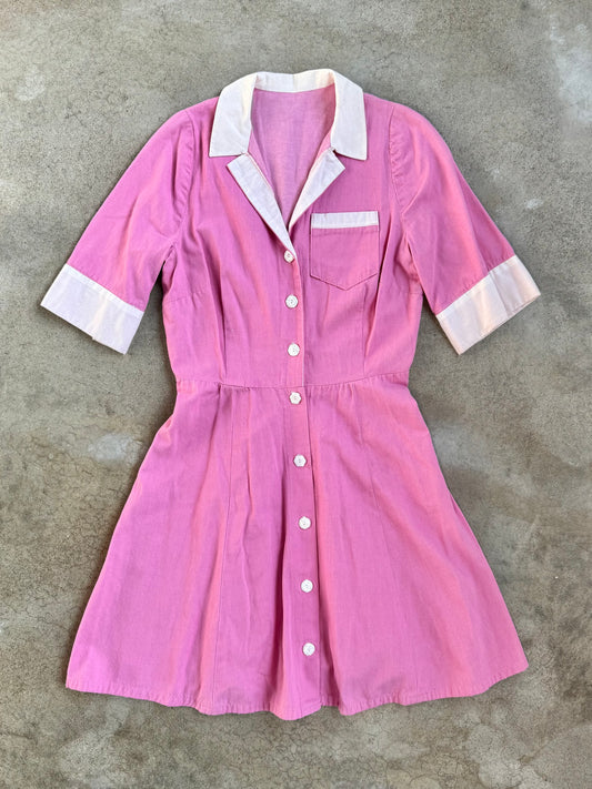 Vintage 1960s Pink & White Short Sleeve Collared Uniform Dress | Medium