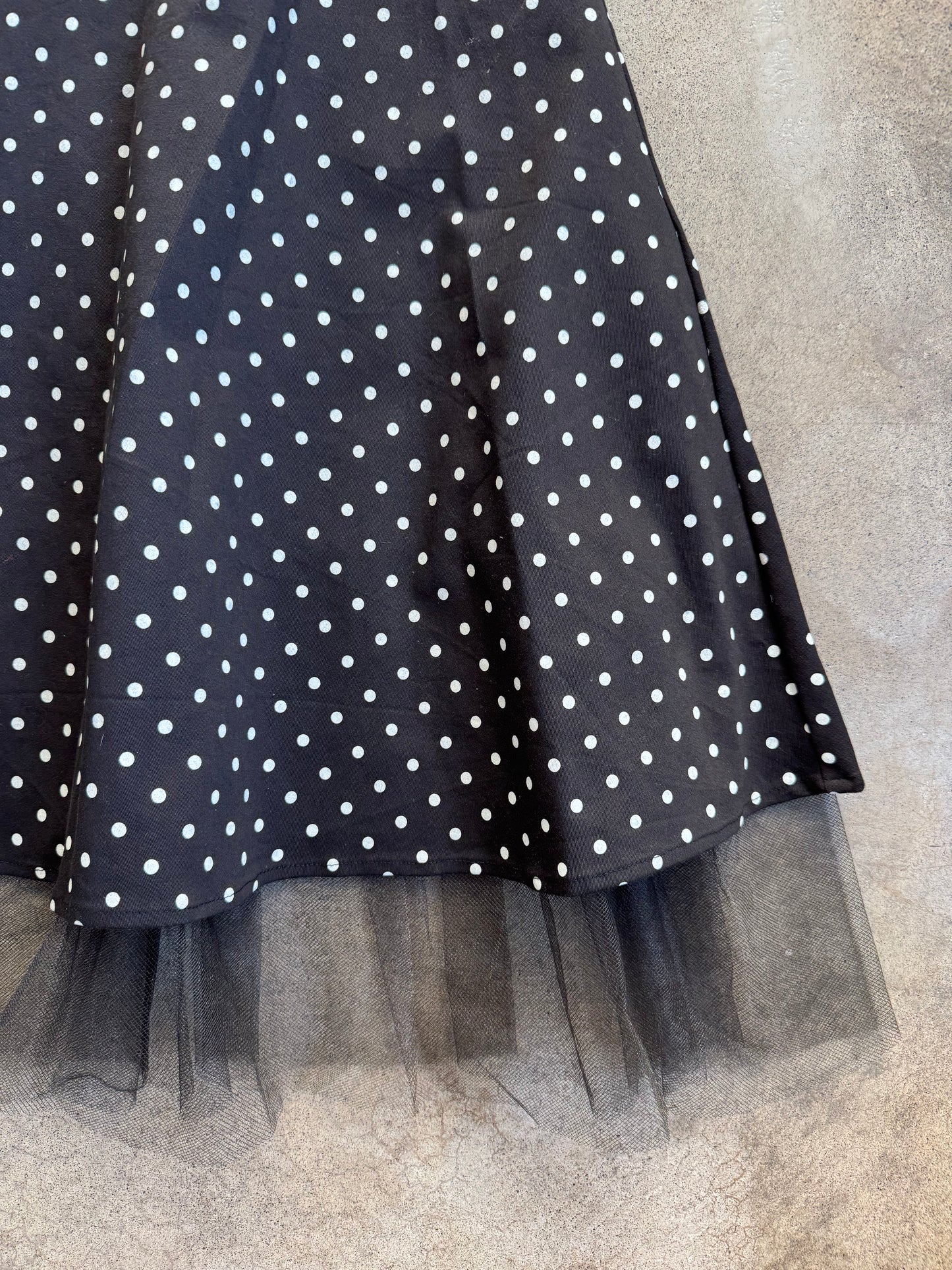 Vintage 1980s Handmade Black & White Polka Dot Tulle Trim Skirt | Small