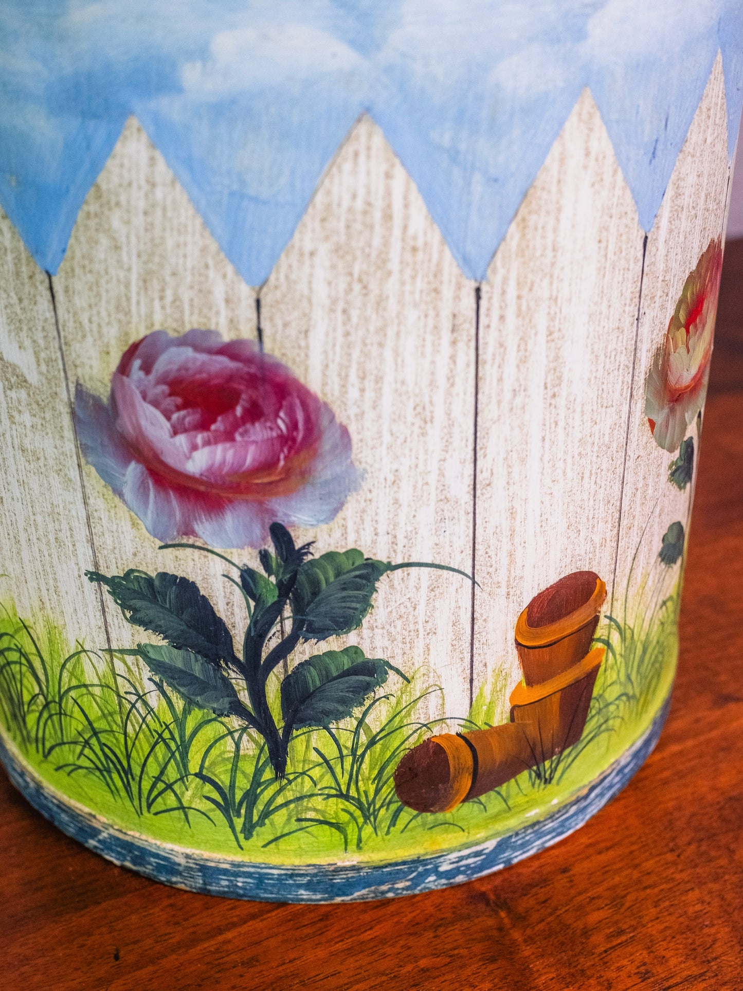 Vintage Italian Tole Hand-Painted Picket Fence Spring Flower Trash Bin