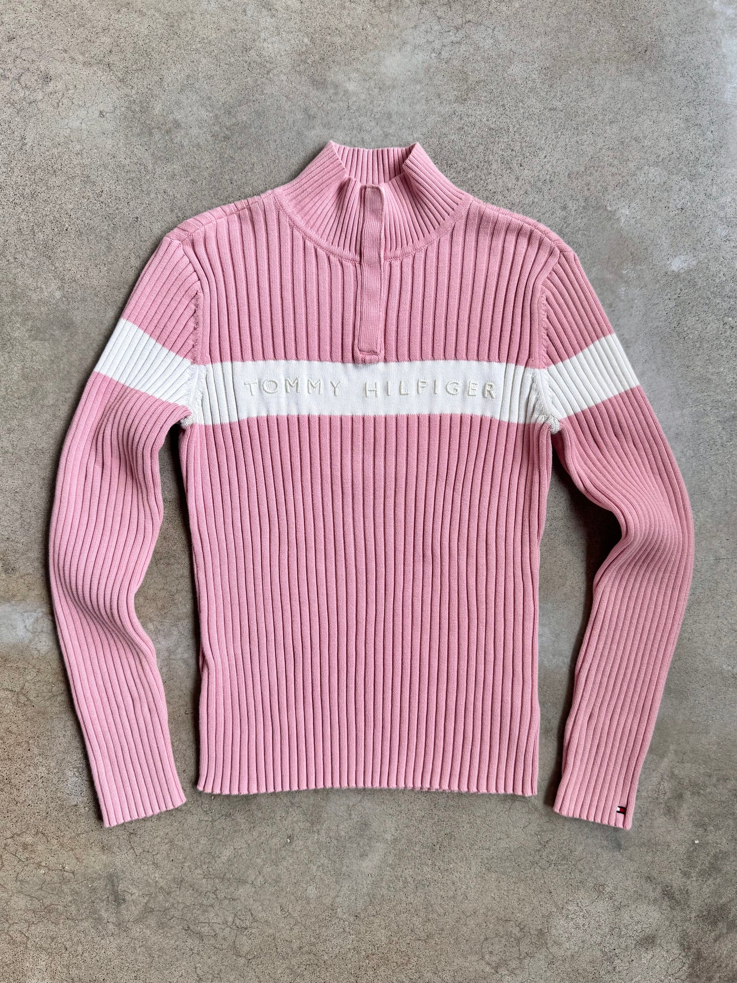2000s Tommy Hilfiger Pink & White Rib Knit Cotton Pullover Sweater | Medium