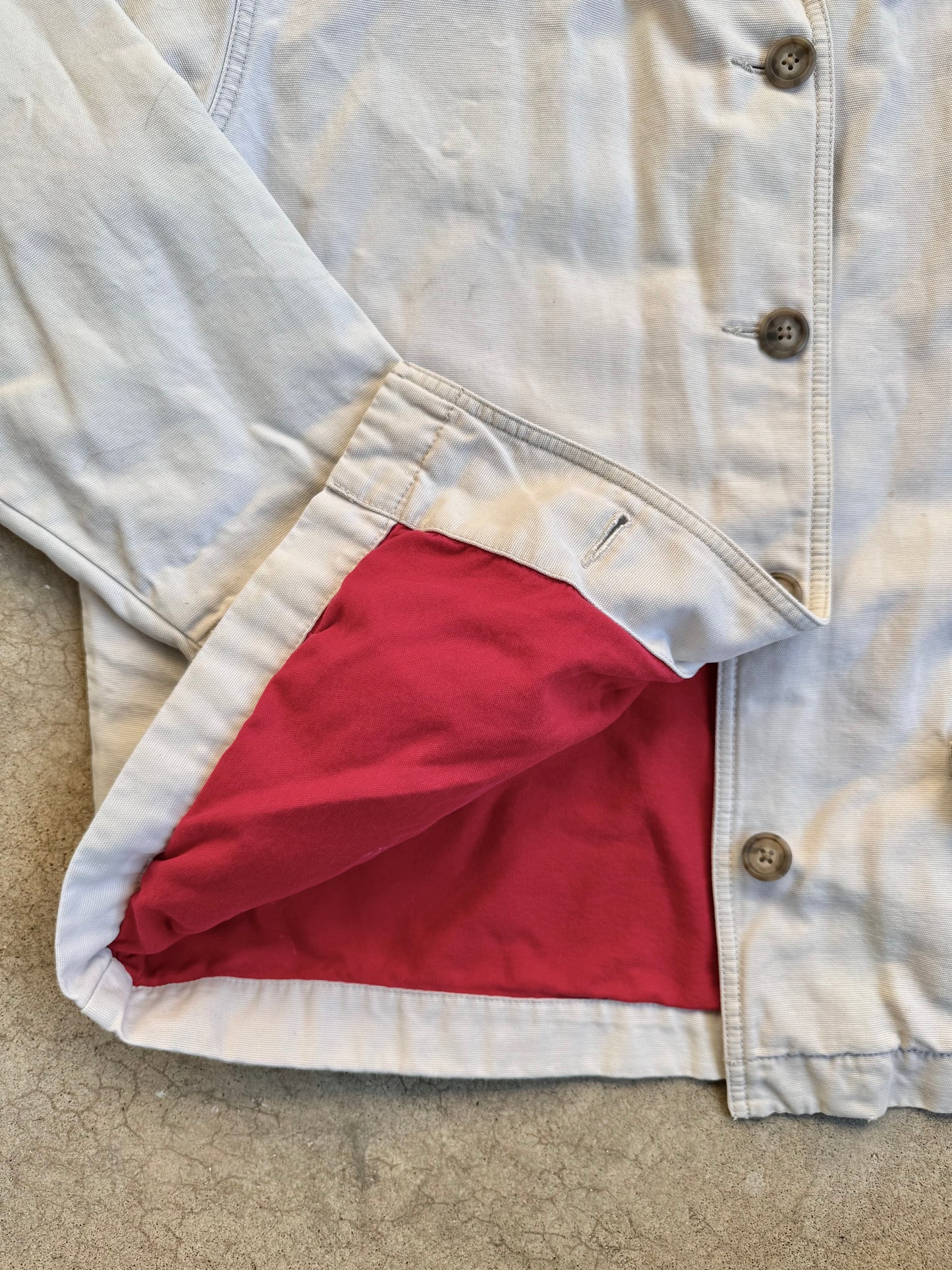 Vintage 1990s Eddie Bauer Beige Canvas Red Lined Chore Jacket | XL