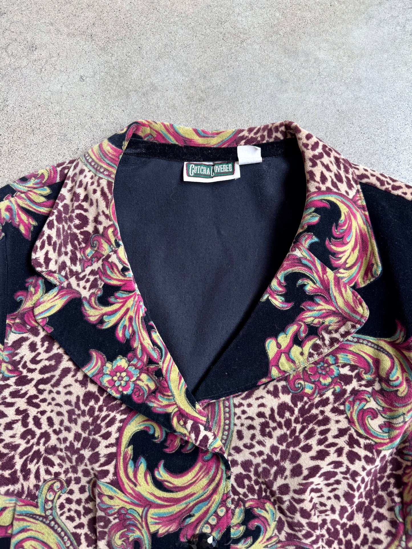 Vintage 1990s Gotcha Covered Paisley & Leopard Print Velvet Blazer | Large