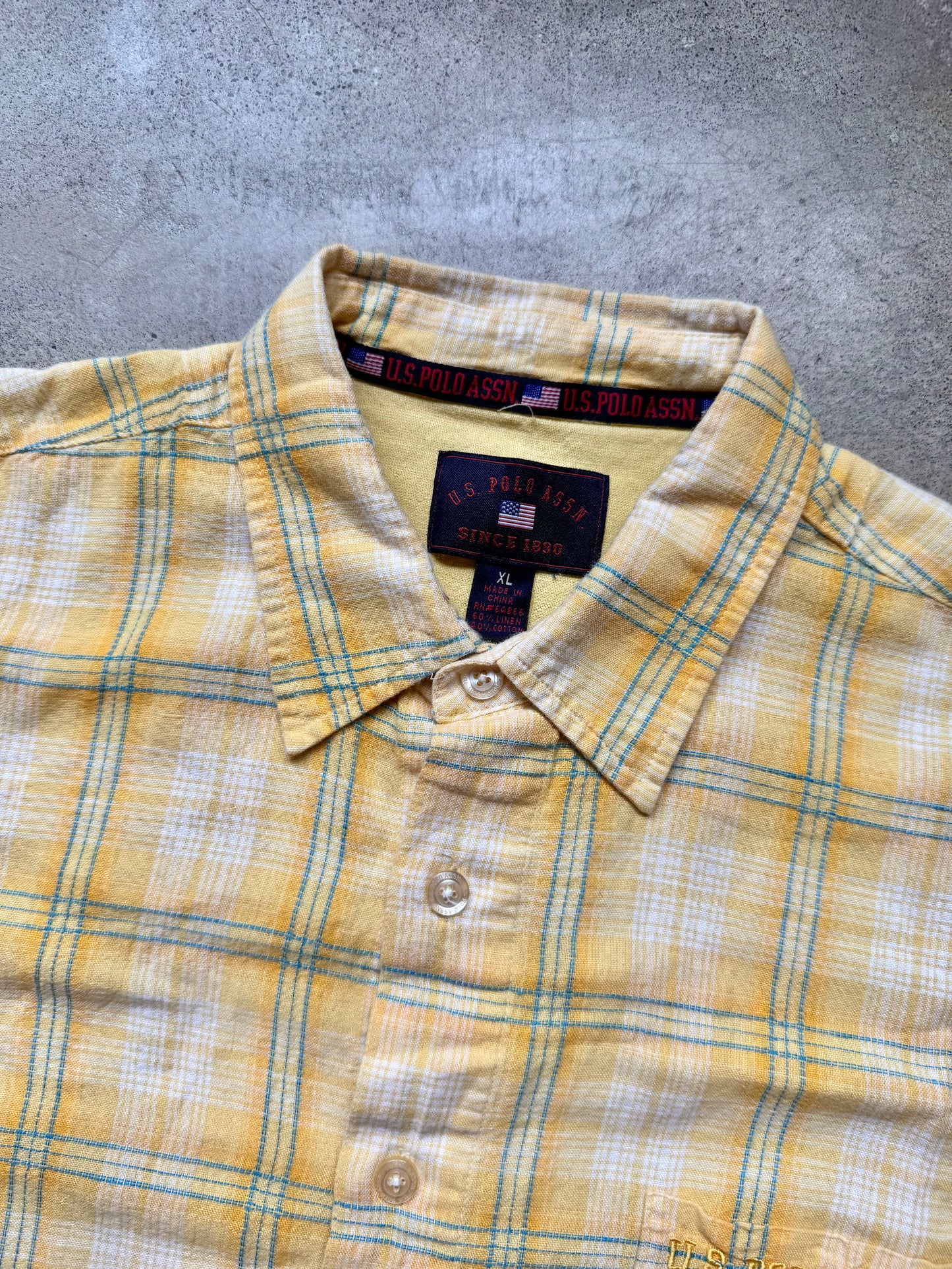 2000s U.S. Polo Assn. Yellow Plaid Linen-Blend Short Sleeve Shirt | XL