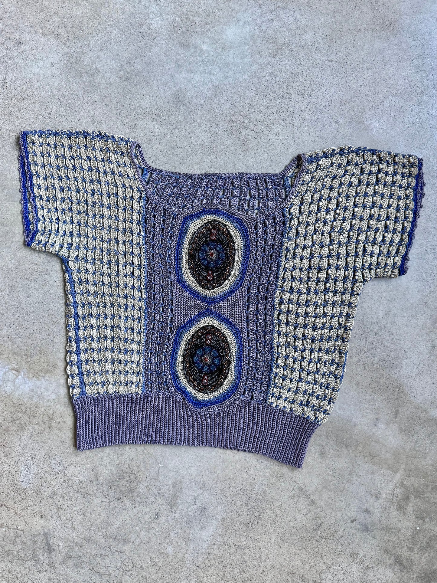 Vintage 1920s-Style Purple & Blue Crochet Beaded Short Sleeve Top | Medium