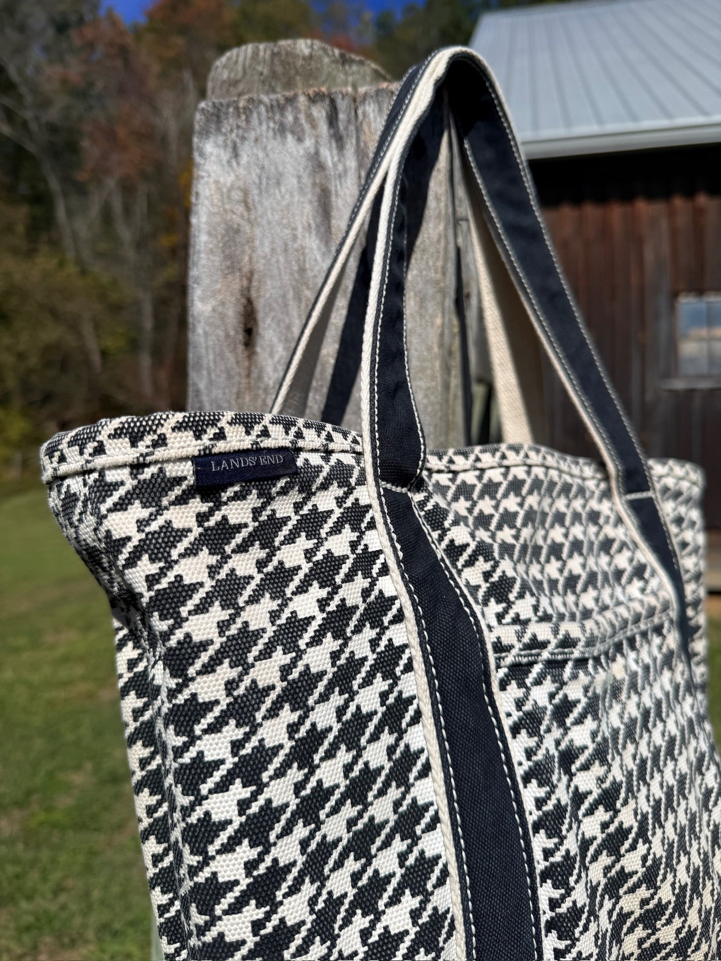 Lands' End Black & White Houndstooth Canvas Tote Bag