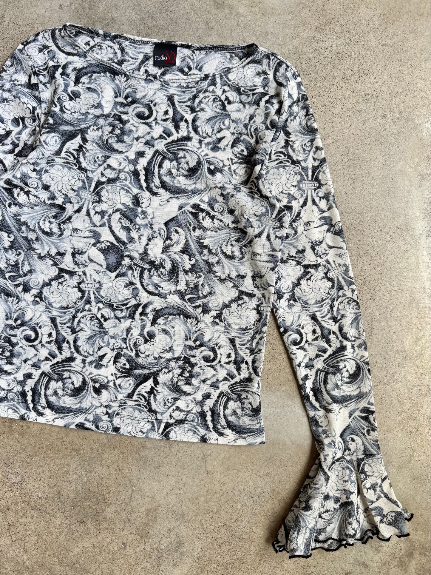 Vintage 1990s Studio Y Grey Baroque Print Ruffle Sleeve Mesh Top | Small