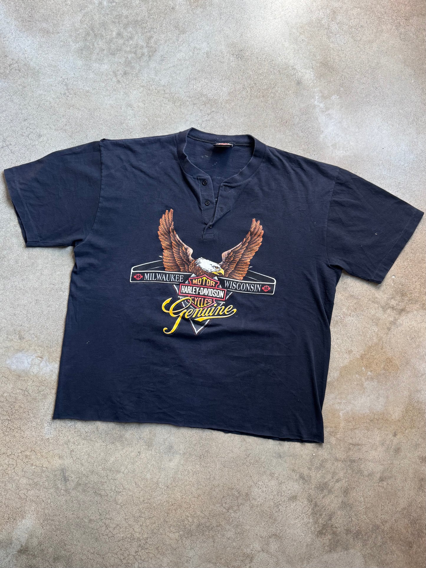 Vintage 1990s Harley Davidson Black Henley Graphic Tee | XXL