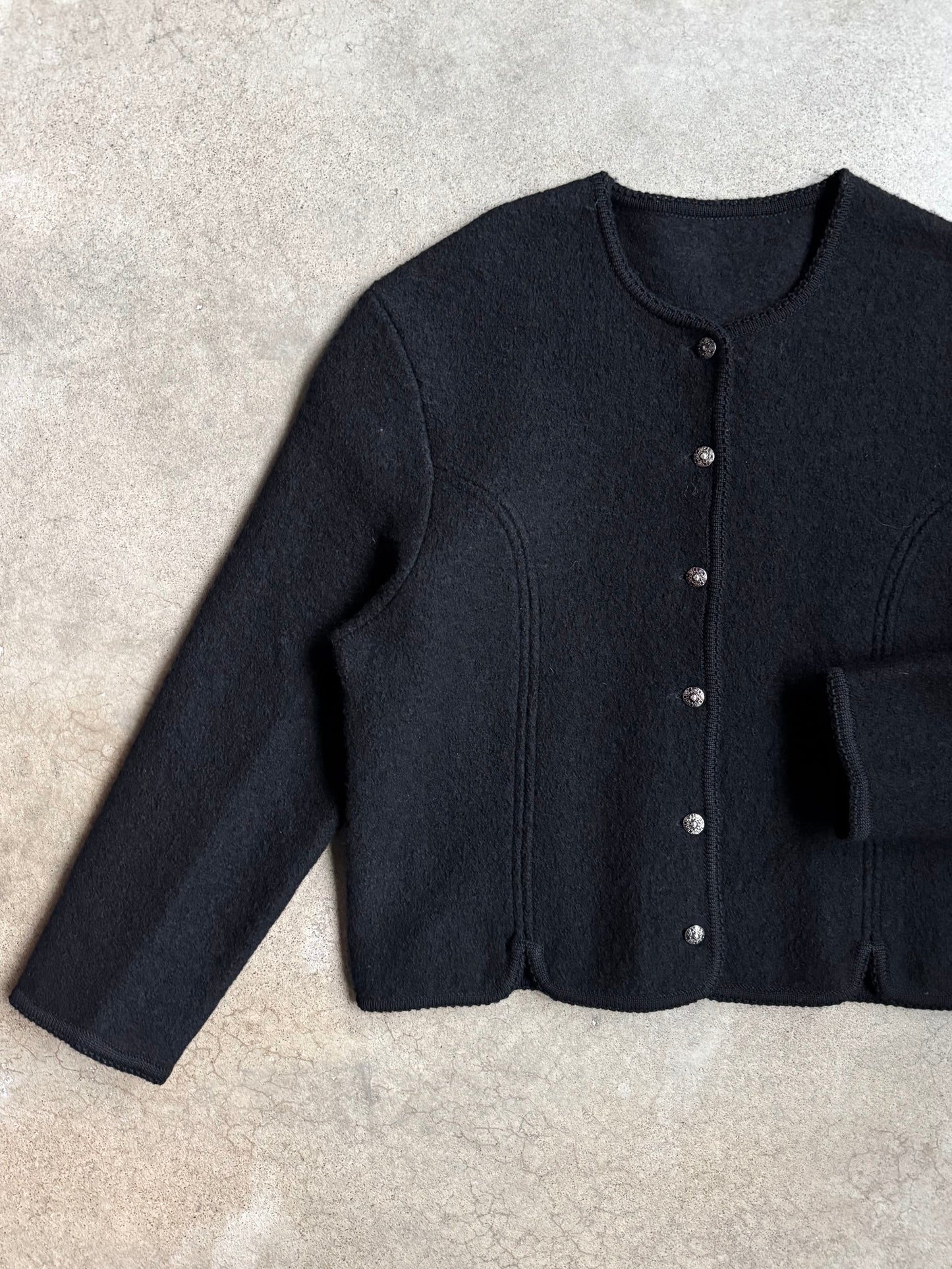 Vintage 1980s Black Wool Buttoned Short Jacket | Large