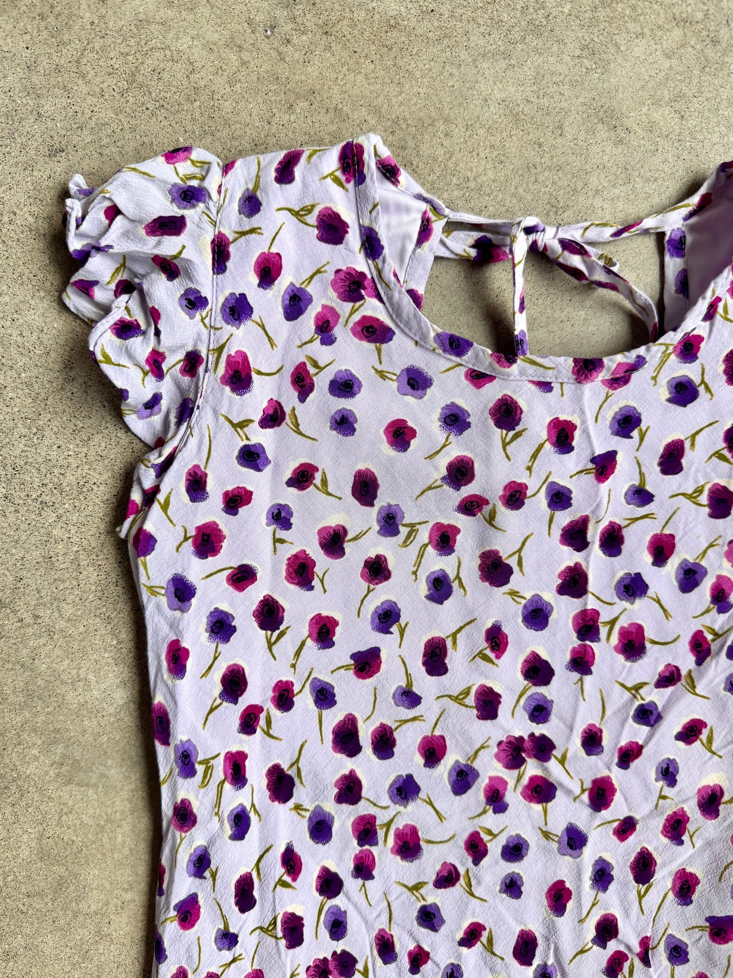 Vintage 1990s Plum Lavender Floral Print Flutter Sleeve Dress | XS