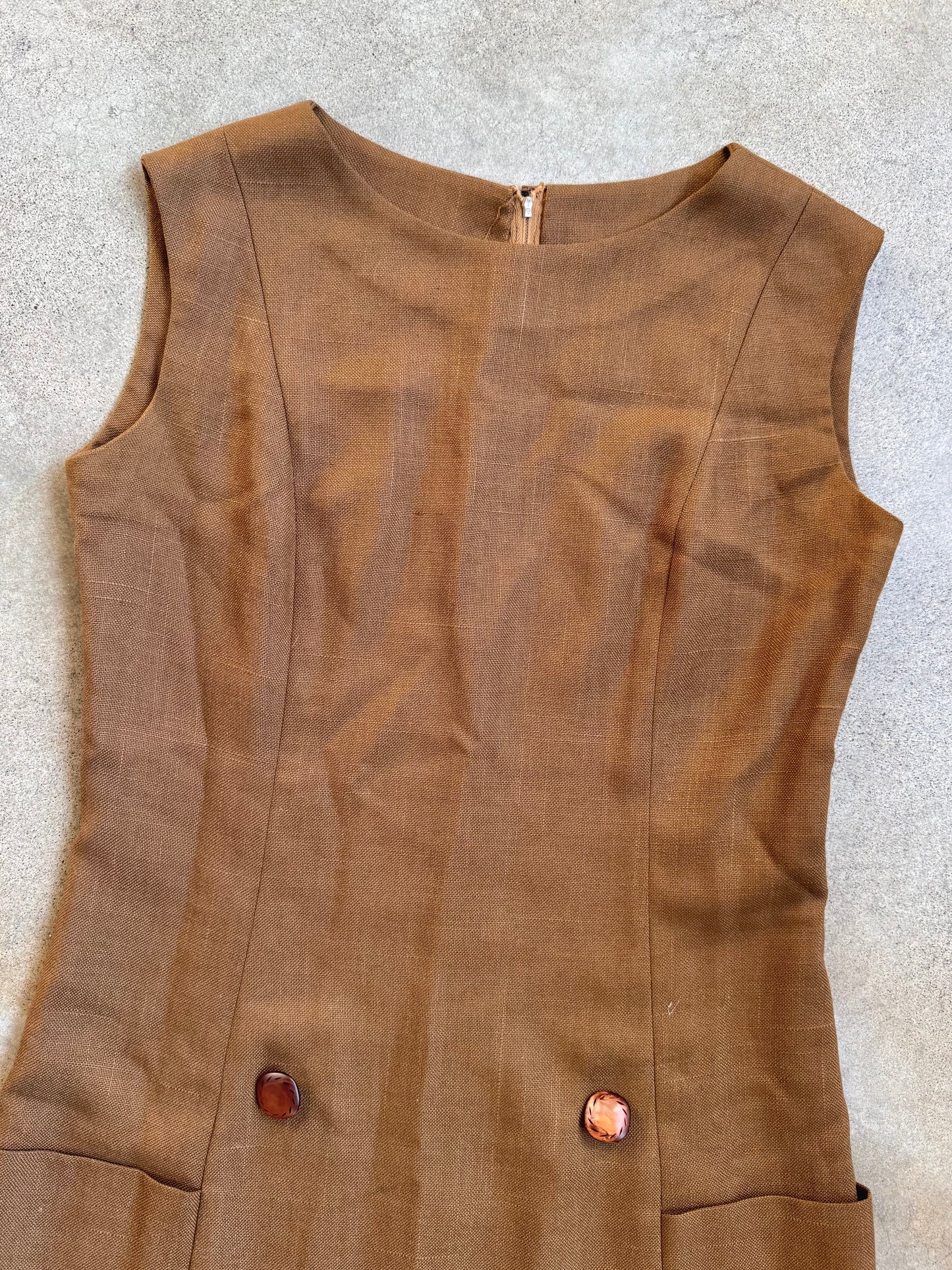 Vintage 1960s Brown Wool Sleeveless Shift Dress | M/L
