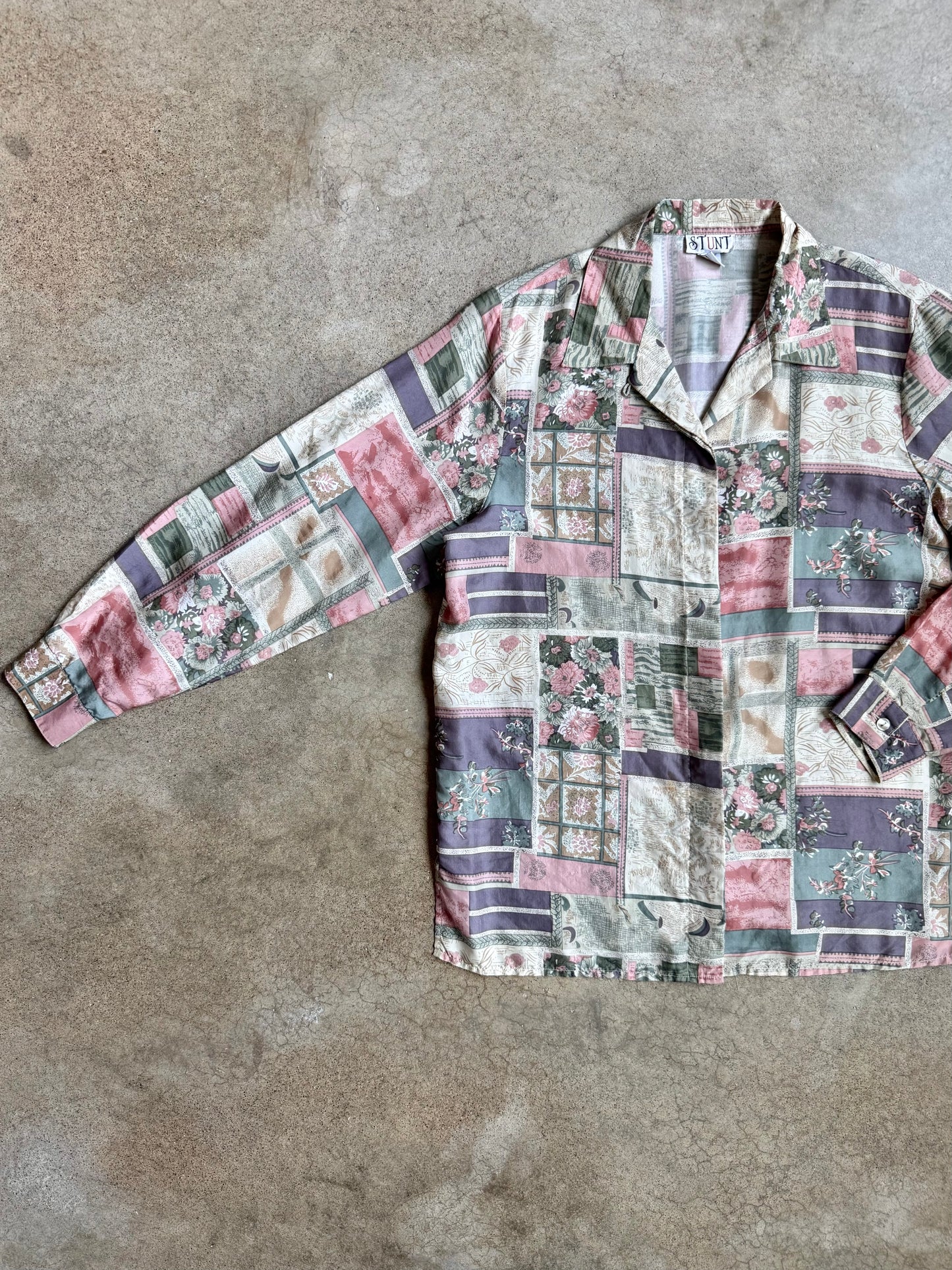 Vintage 1980s Stunt Floral Patchwork Printed Silk Blouse | Medium