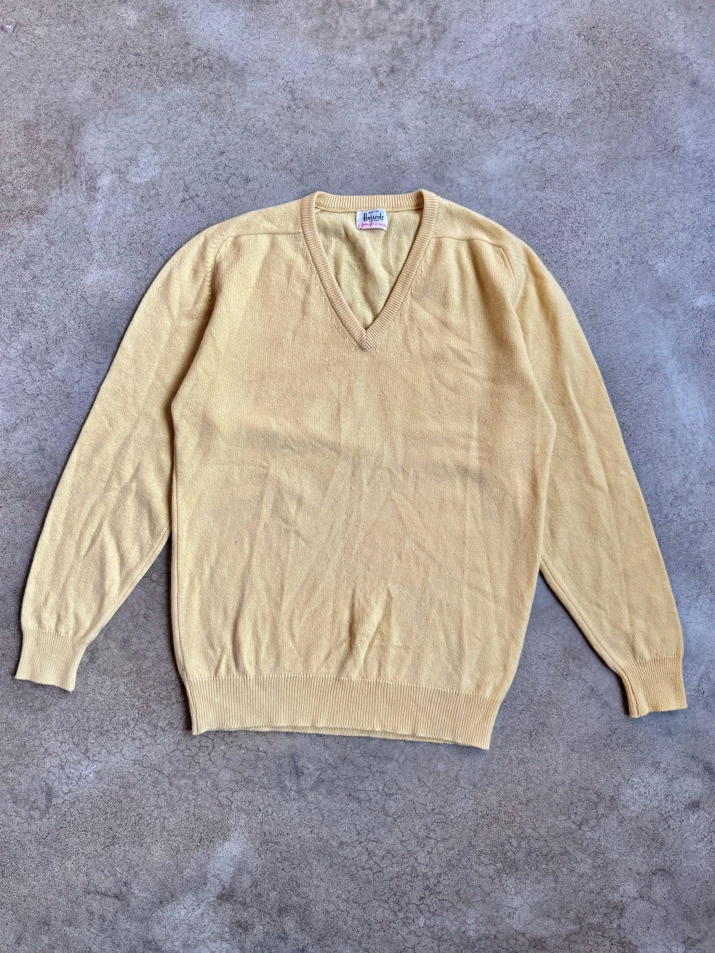 Vintage 1960s Harrods by Pringle Scotland Yellow 100% Cashmere V-Neck Sweater | Large