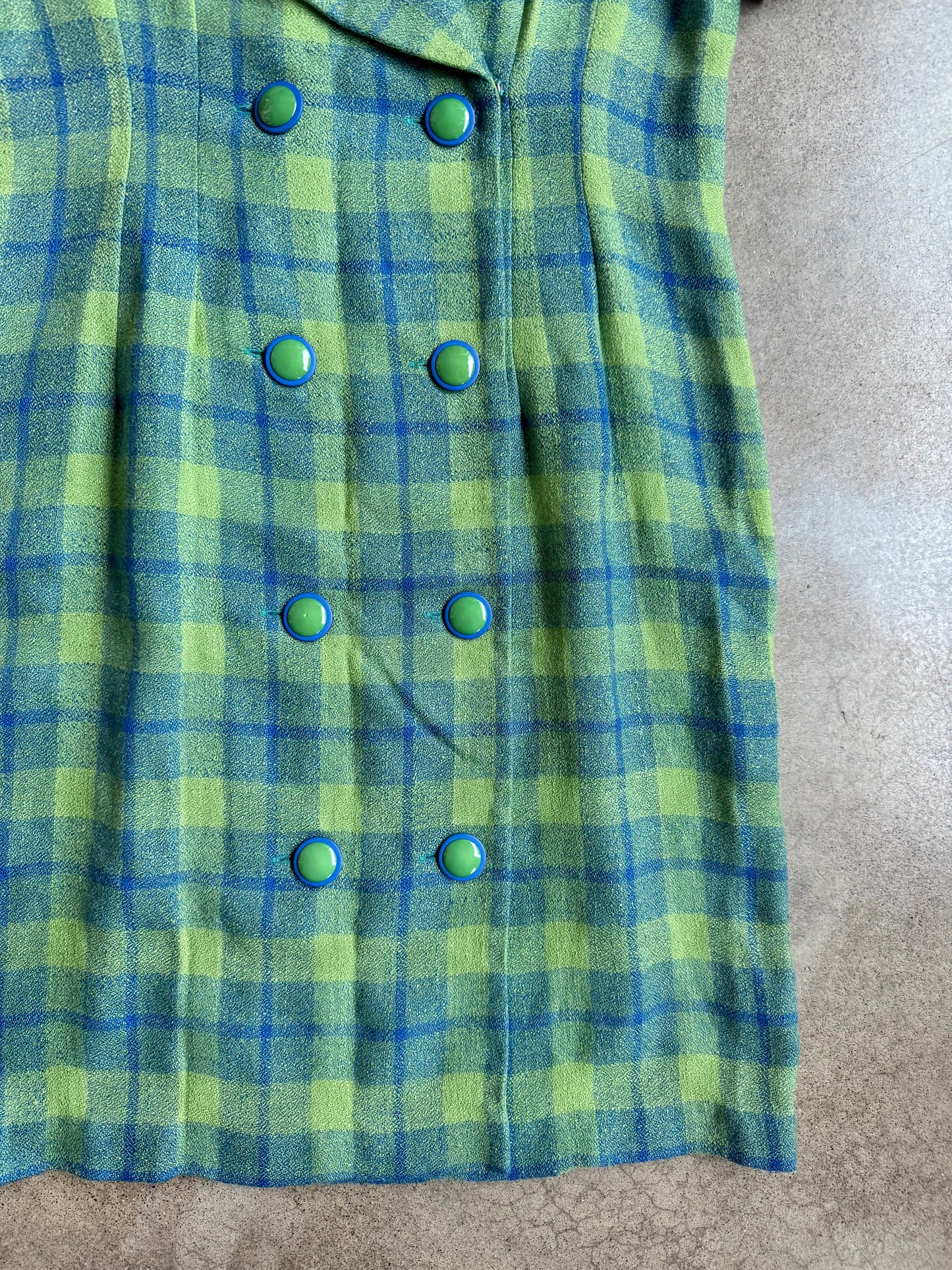 Vintage 1980s Virgo II Green & Blue Plaid Short Sleeve Button-Front Dress | Large