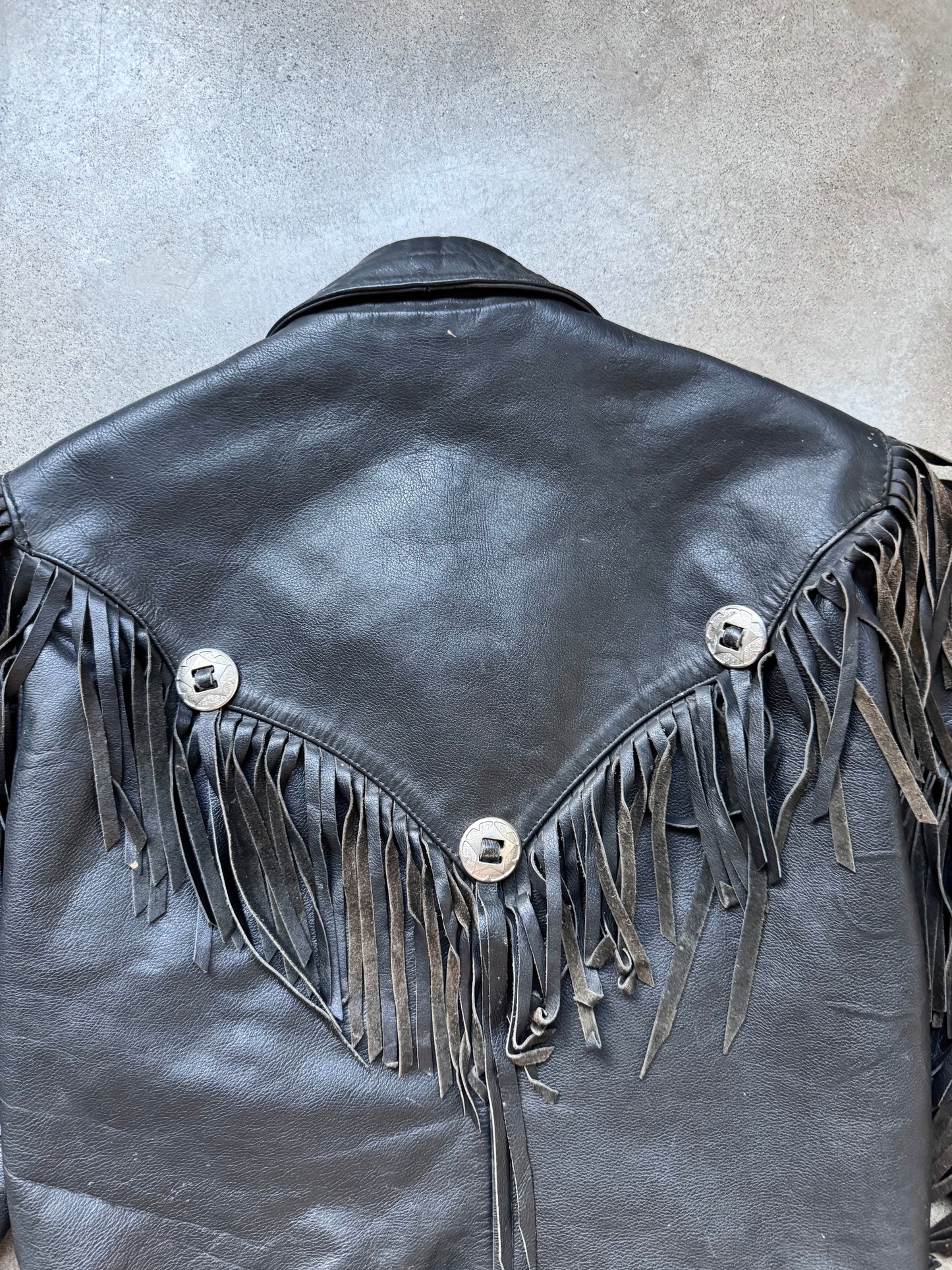 Vintage 1980s Open Road Black Leather Western Fringe Biker Jacket | 40