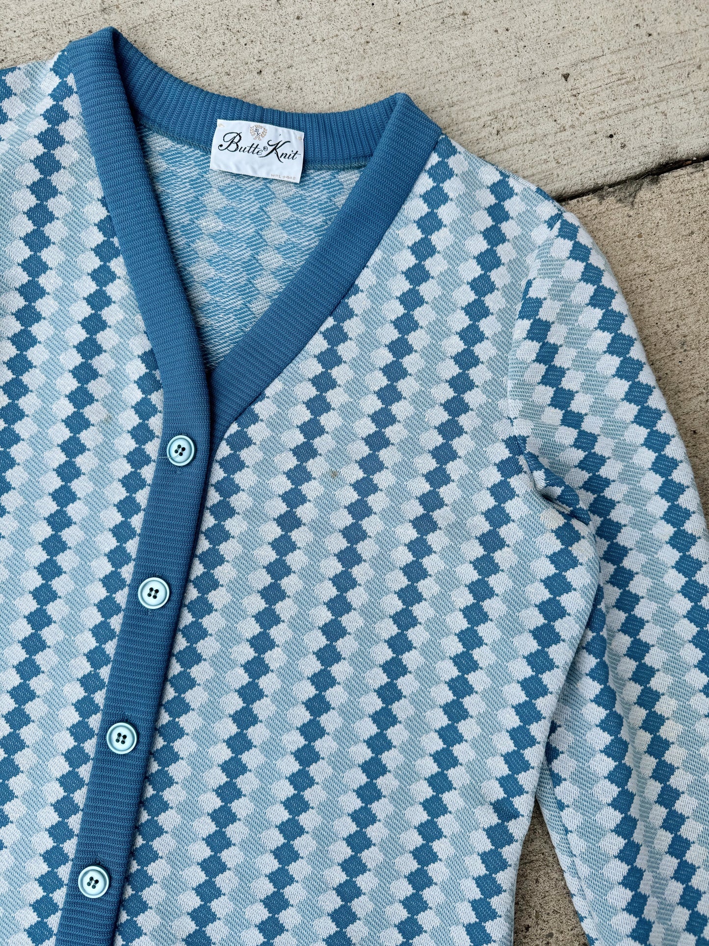 Vintage 1960s/70s Butte Knit Blue Diamond Patterned Cardigan | M/L