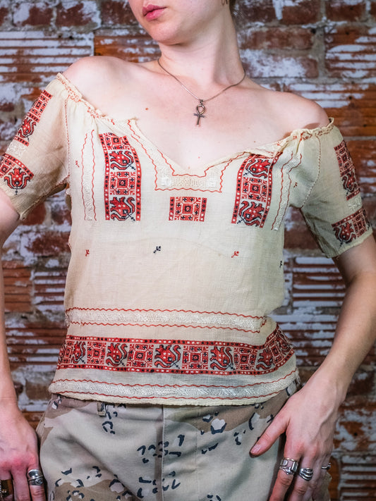 Vintage 1930s/40s Folk Embroidered Short Sleeve Peasant Blouse | XS/S