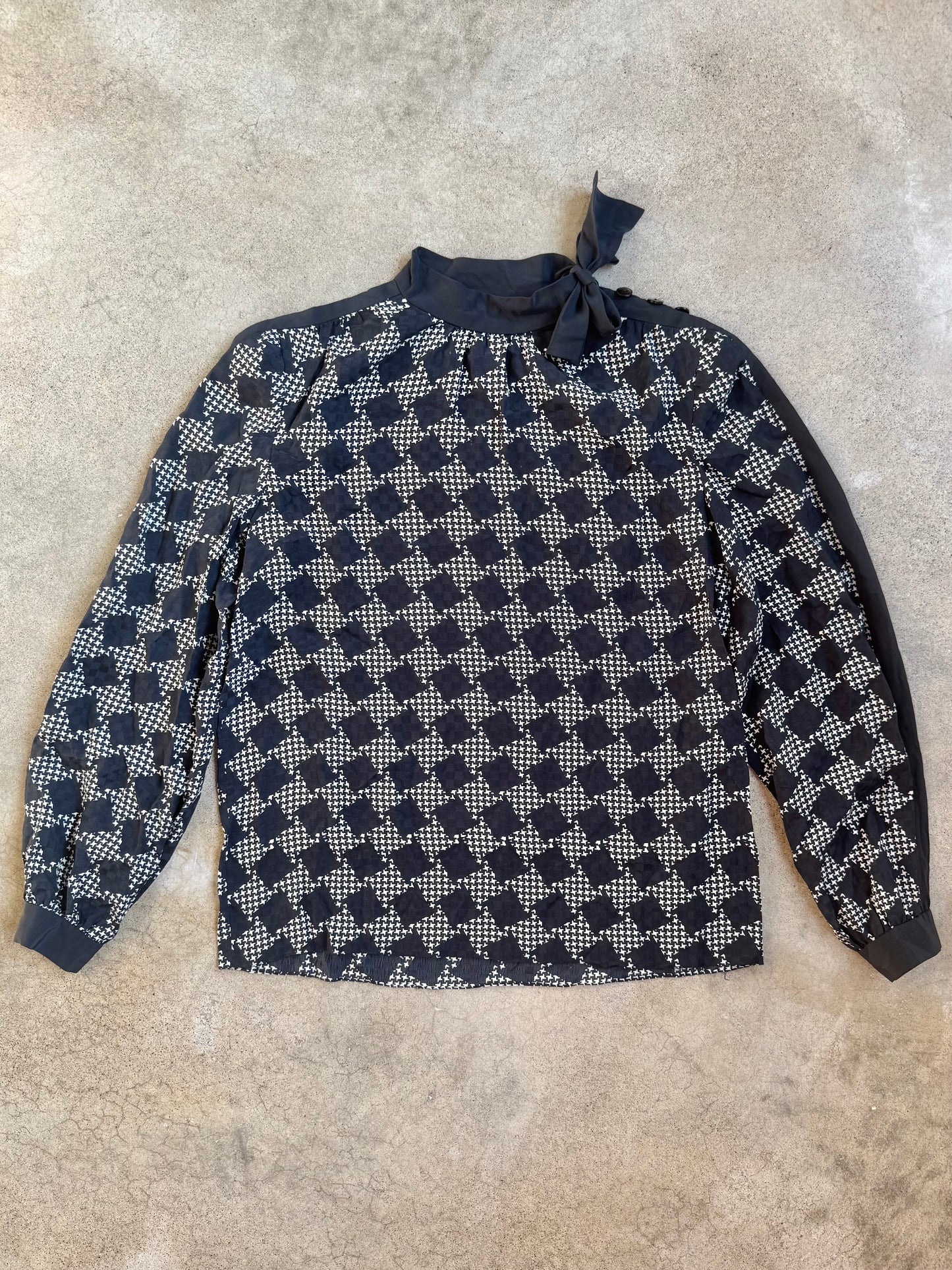 Vintage 1980s Black & White Houndstooth Silk High-Neck Bow Blouse | Medium