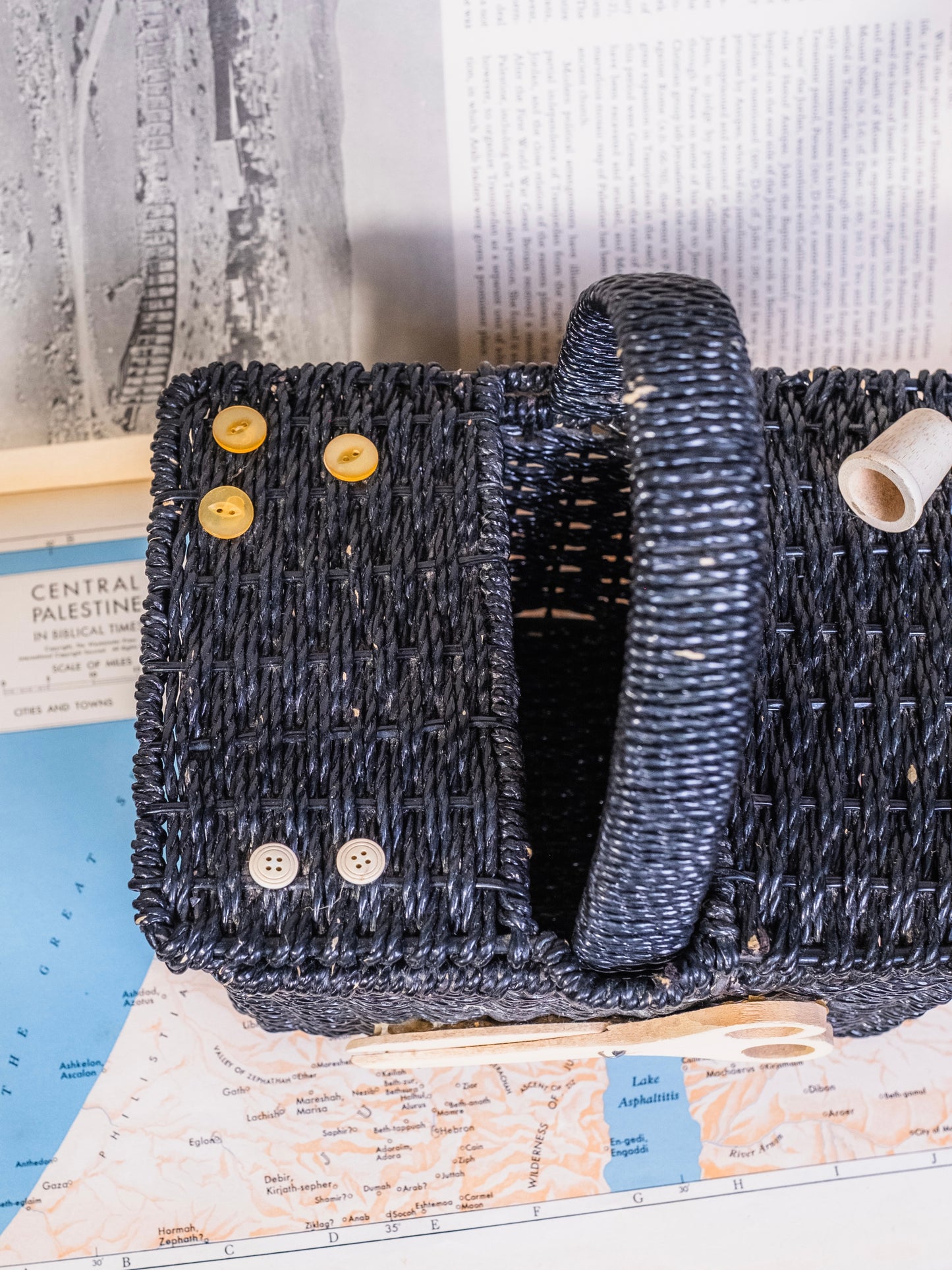 Vintage 1950s Black Woven Sewing Basket
