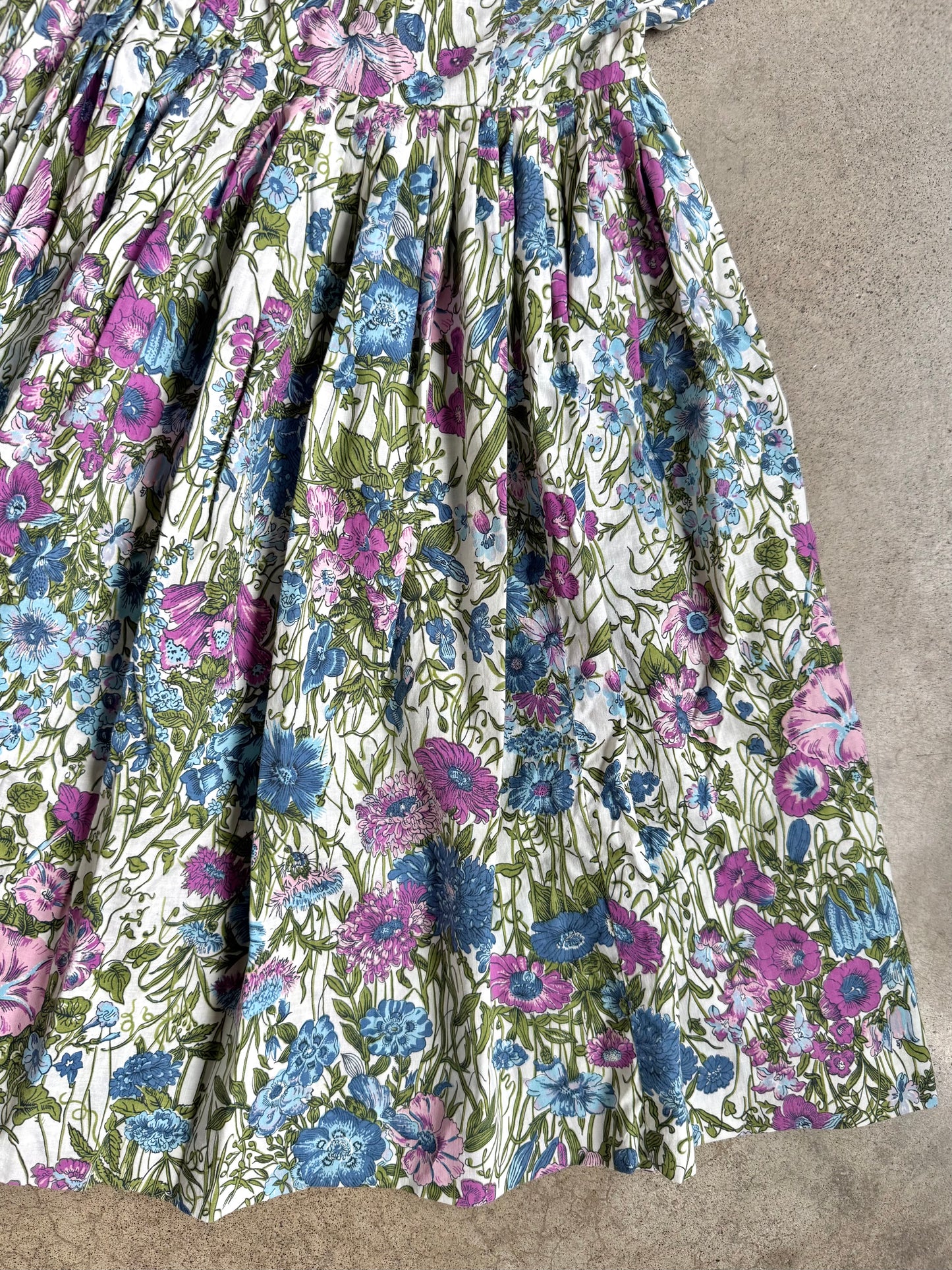 Vintage 1950s Jerry Gilden New York Blue & Purple Floral Pleated Summer Dress | XS