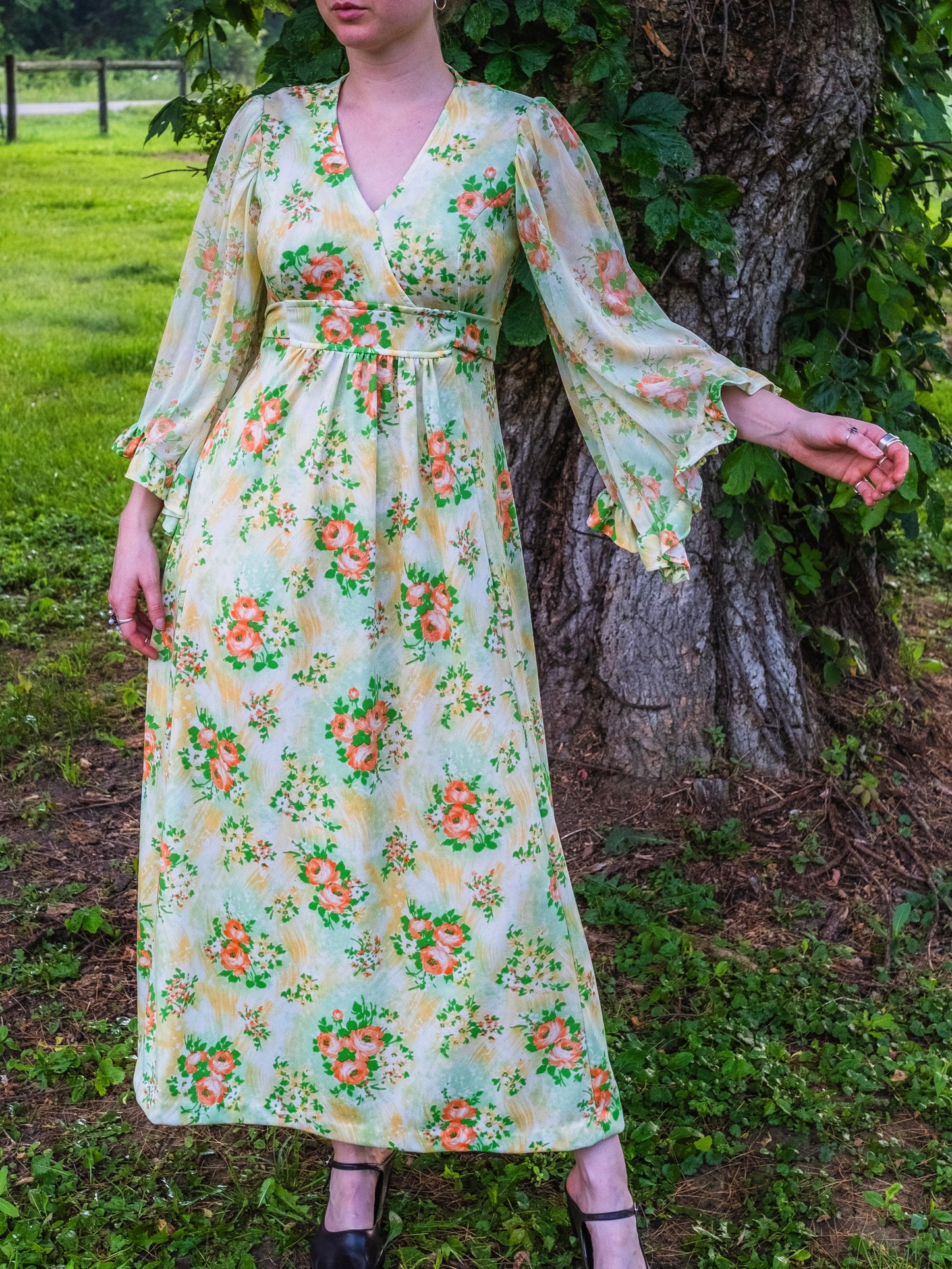 Vintage 1970s Green & Orange Floral Print Ruffle Sleeve Maxi Dress | Small