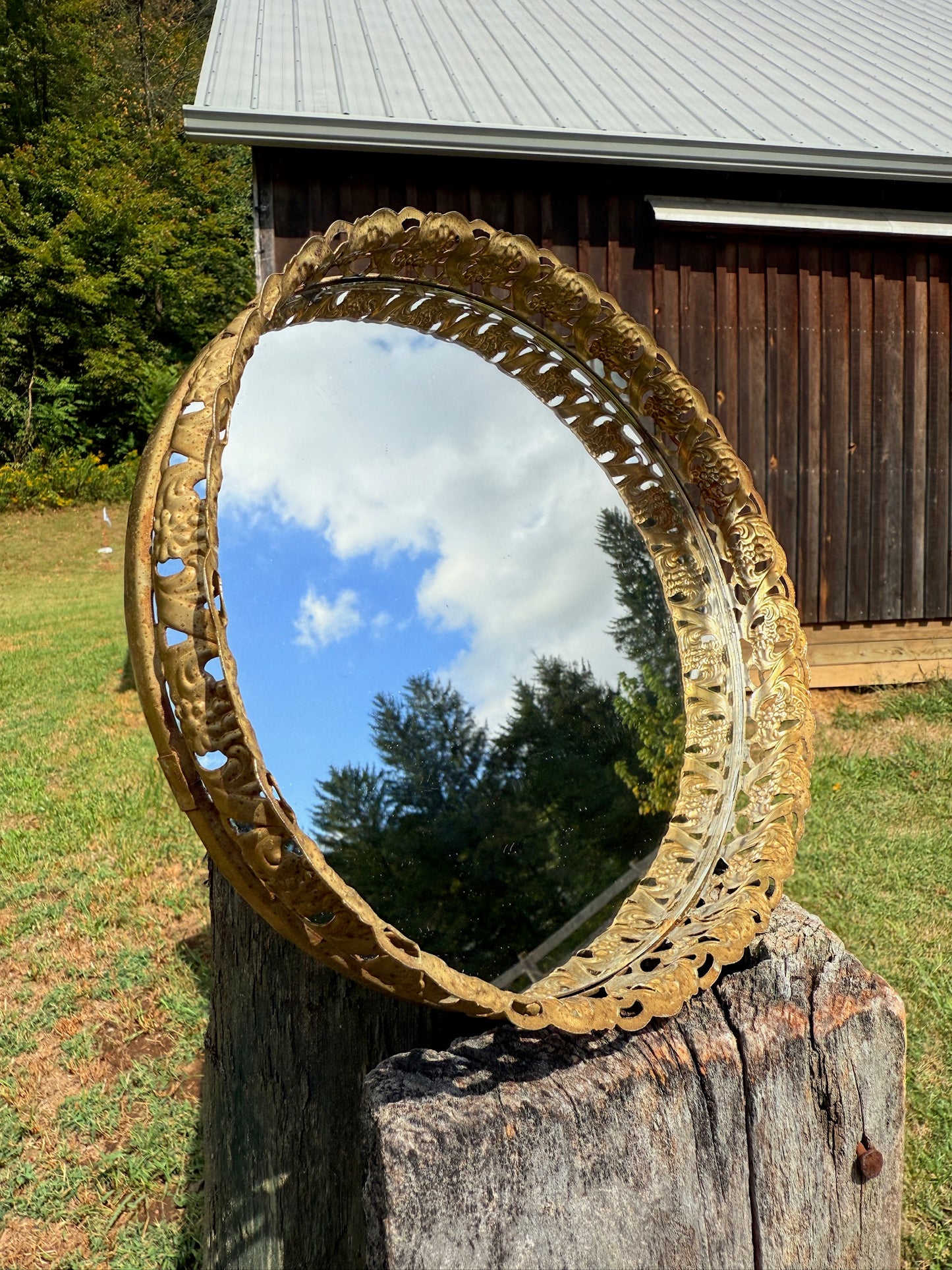 Vintage 1950s Brass Filigree Mirrored Vanity Tray