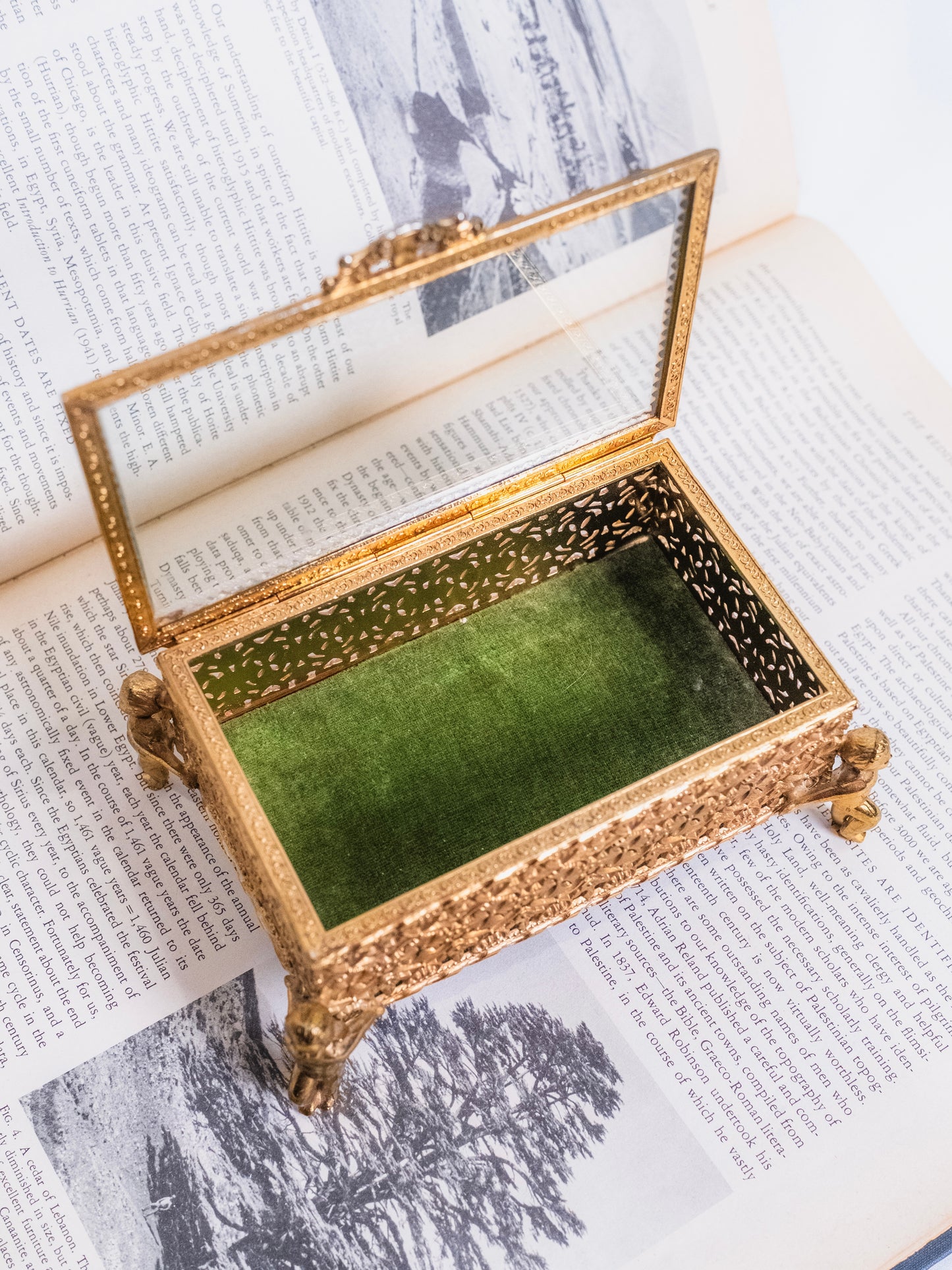 Vintage 1950s Brass Ormolu Filigree Cupid Footed Jewelry Box