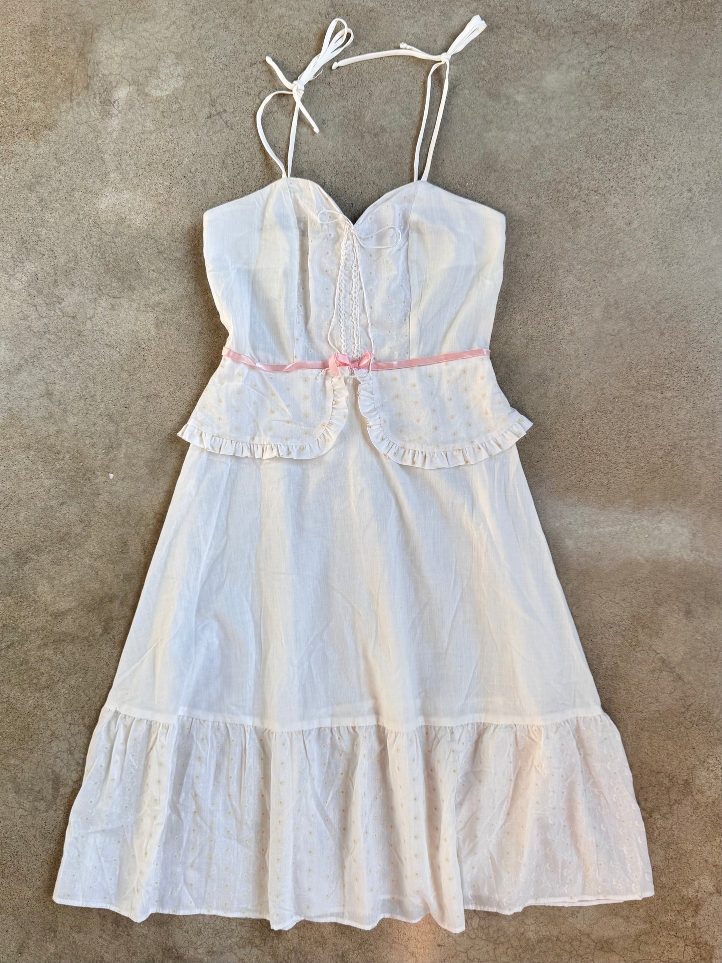 Vintage 1970s White & Pink Floral Embroidered Tie-Strap Prairie Dress | XS/S