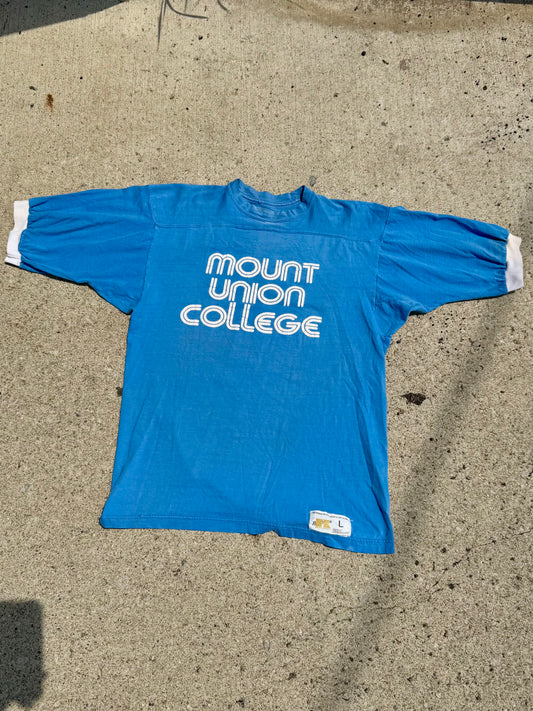 Vintage 1970s/80s Russell Athletic Mount Union College Blue Football Tee | Large