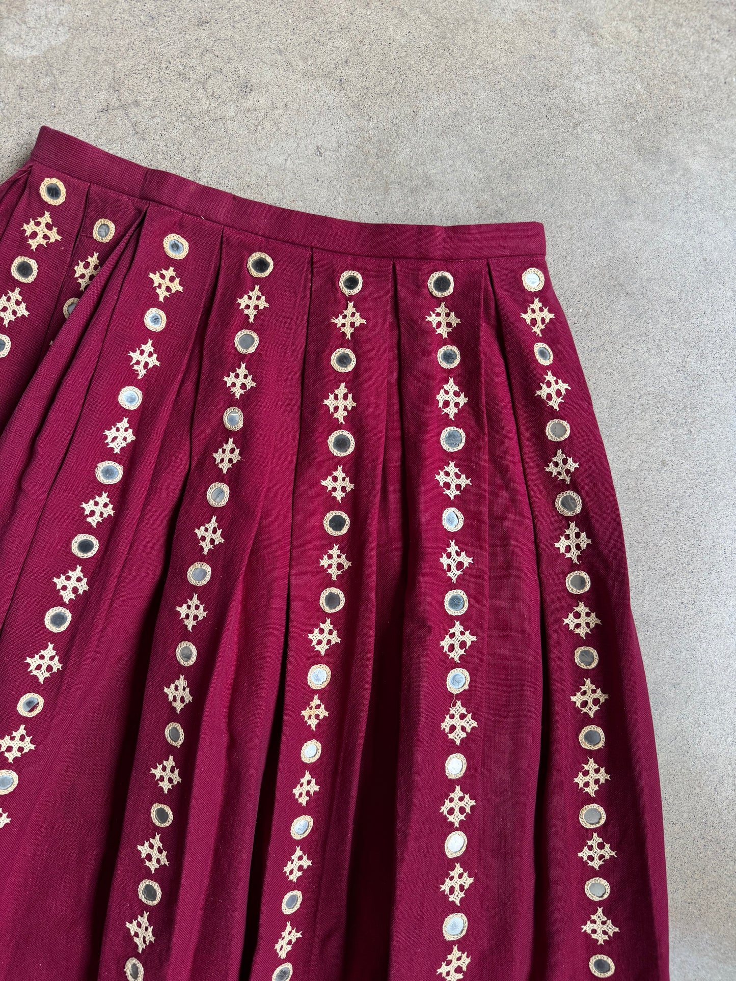Vintage Burgundy Mirror Sequin Embroidered Pleated Skirt | Waist 26”