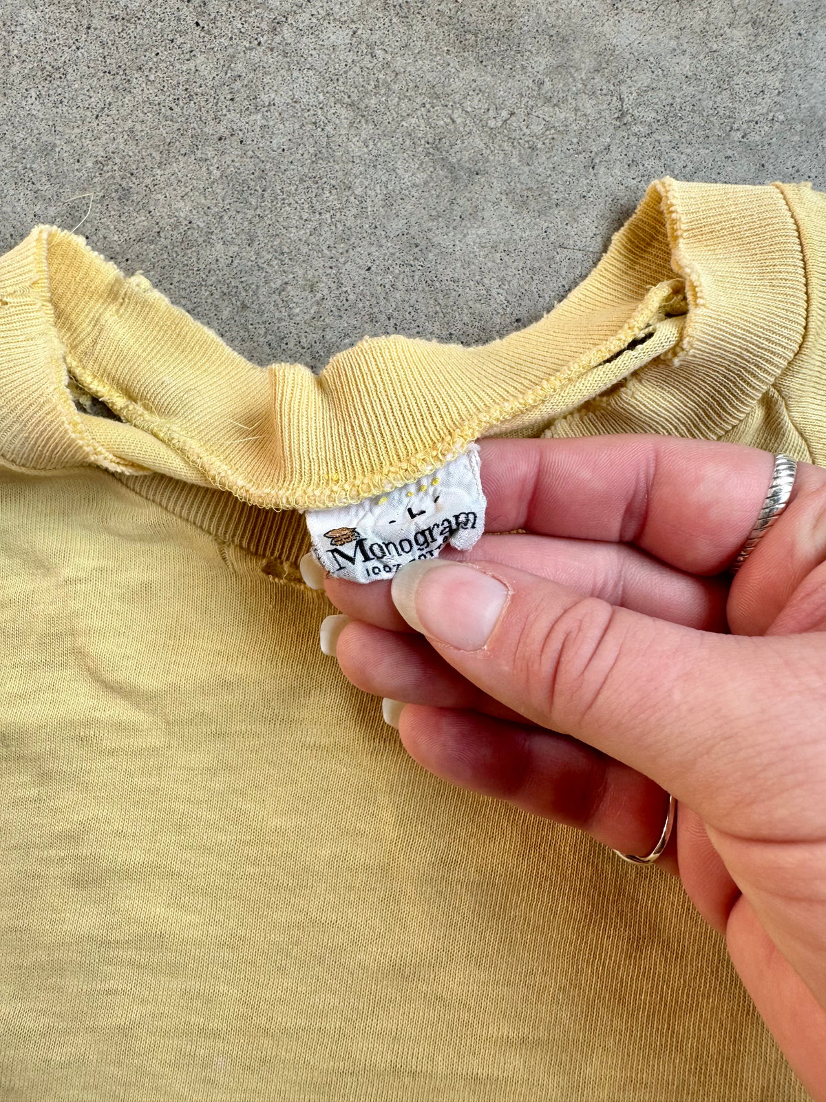 Vintage 1960s Monogram Collection Yellow Distressed Cotton Pocket Tee | Large