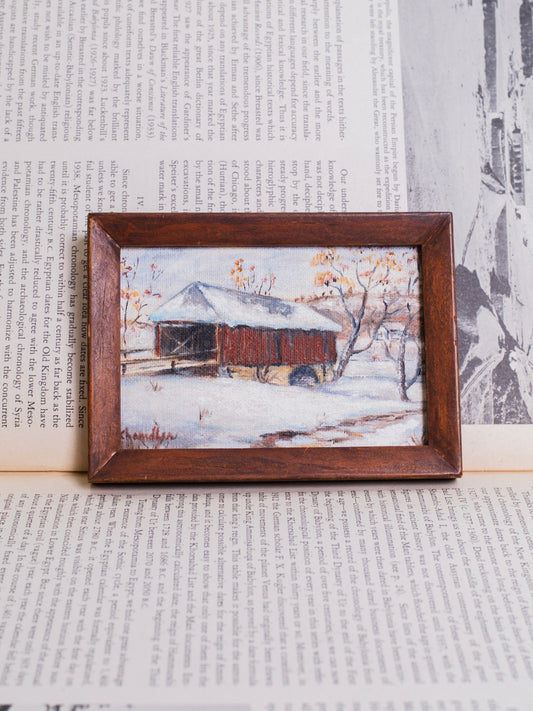 Vintage 1950s Framed & Signed "Snowy Bridge" Mini Oil on Canvas Painting