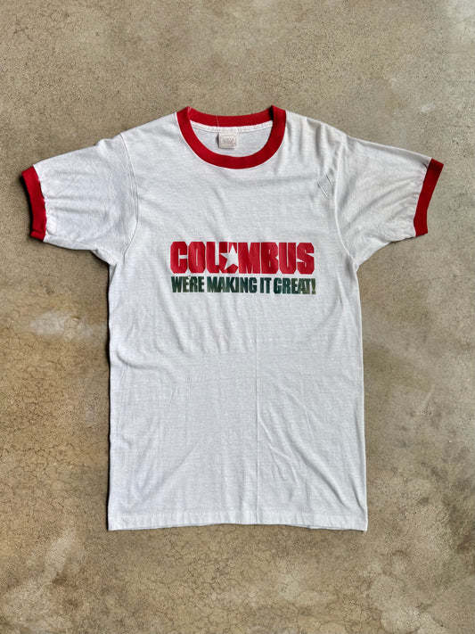 Vintage 1980s “Columbus We’re Making It Great!” Ringer Tee | Small