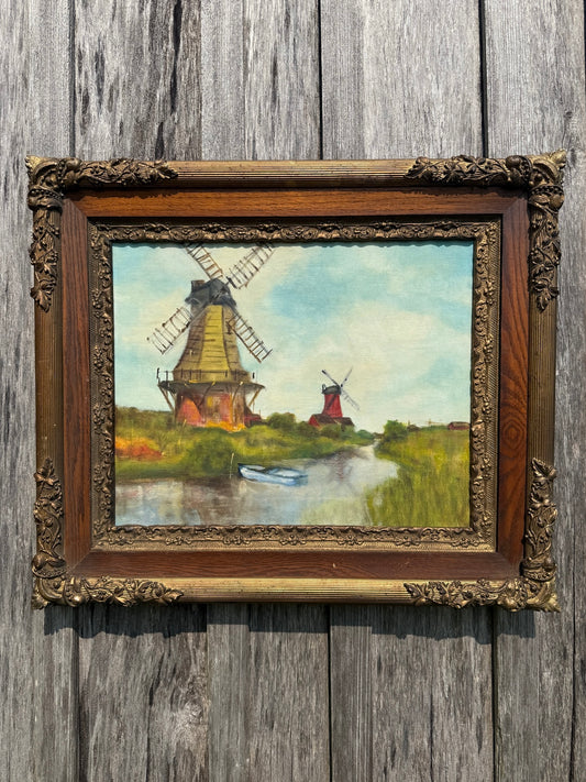 Antique Framed Dutch Windmill Landscape Oil on Canvas Painting