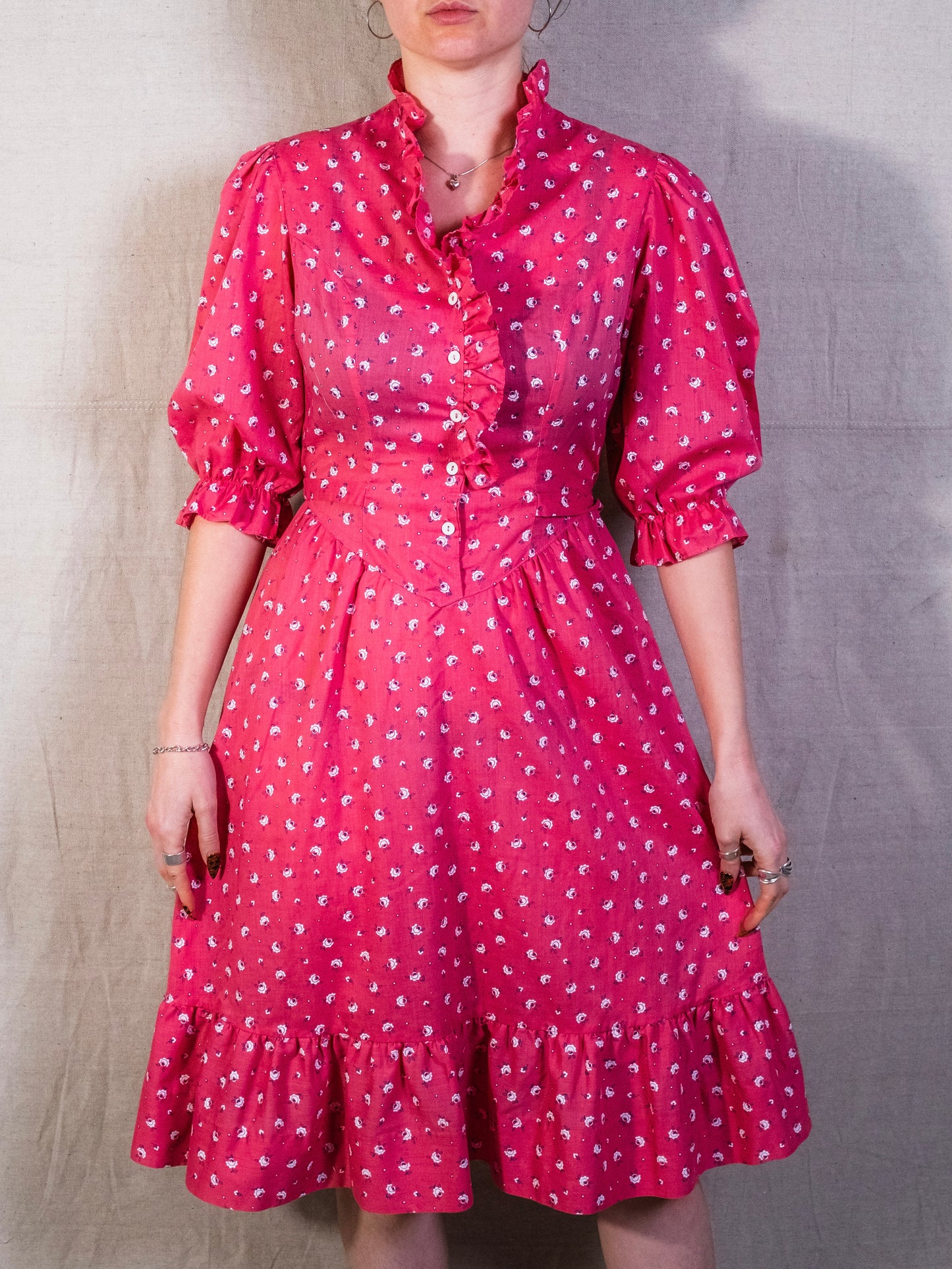 Vintage 1970s Luci Pellini Pink Floral Frilled Summer Dress | XS