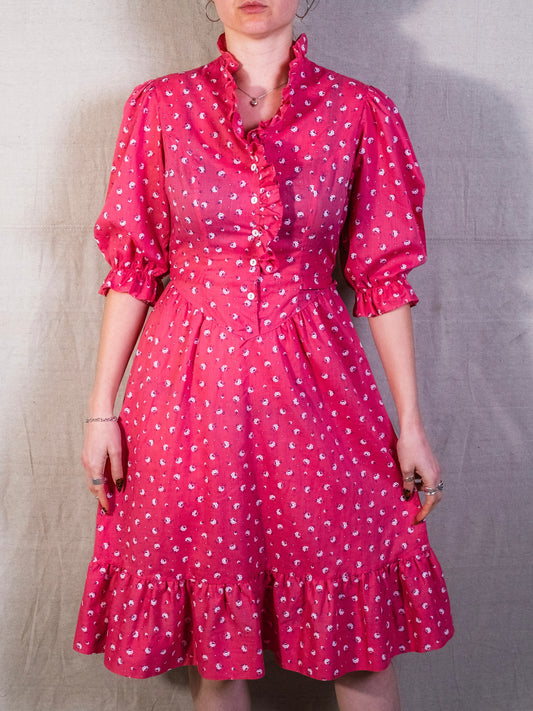 Vintage 1970s Luci Pellini Pink Floral Frilled Summer Dress | XS
