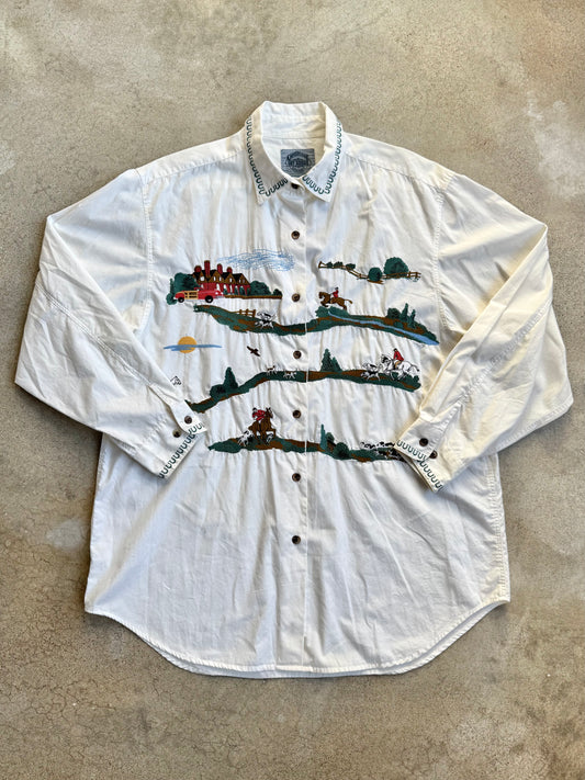 Vintage 1980s Cambridge Dry Goods Equestrian Embroidered Button-Up Shirt | M/L